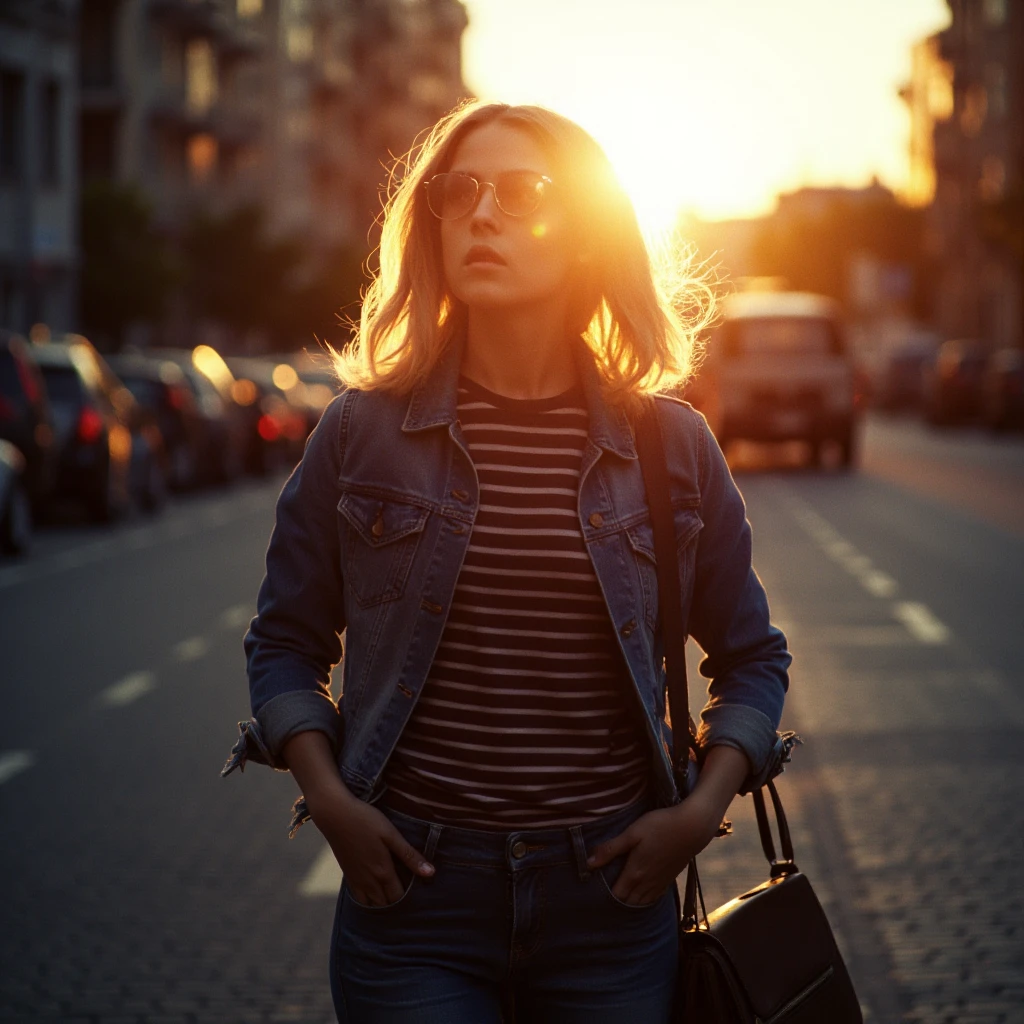 cinematic film still of  <lora:hair light backlight style v1:0.9>
hair light style, cinematic back light style, light from behind of a woman standing on a street corner at sunset, detailed background, perfect image, perfect body, perfect anatomy, sharp image, detailed image, contrast, Kodak film, high quality photography, cinematic photography style, back light, light from behind style, rim light style, solo, short hair, shirt, jacket, outdoors, glasses, pants, striped clothes, bag, blurry, from side, blurry background, depth of field, glowing, sunglasses, denim, building, round eyewear, striped shirt, jeans, city, road, street, denim jacket, blonde hair, open clothes, looking up, motor vehicle, backlighting, car, ground vehicle, long sleeves, parted lips, striped, lips, profile, hand in pocket, bokeh, shallow depth of field, vignette, highly detailed, high budget, bokeh, cinemascope, moody, epic, gorgeous, film grain, grainy