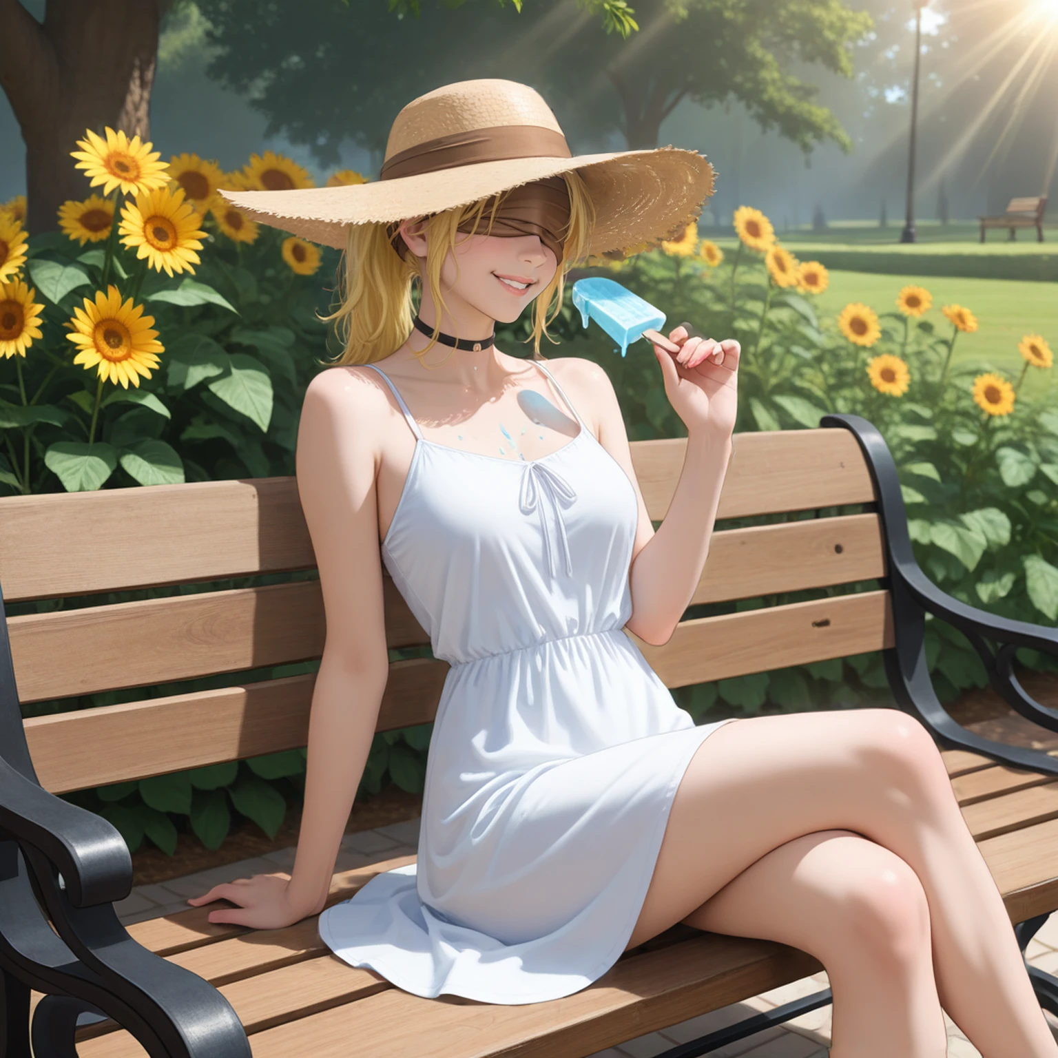 masterpiece,best quality,absurdres,highres,<lora:Hyetta:1>,wildfire,
solo,hyetta (elden ring),short ponytail,messy hair,brown blindfold,covered eyes,sunglasses,crossed legs,sundress,black choker,long hair,hands on own knees,straw hat,bench,sun rays,flowers,outdoors,park bench,hand up,holding ice cream,arm support,scenery,detailed background, smile, dripping ice cream, messy,