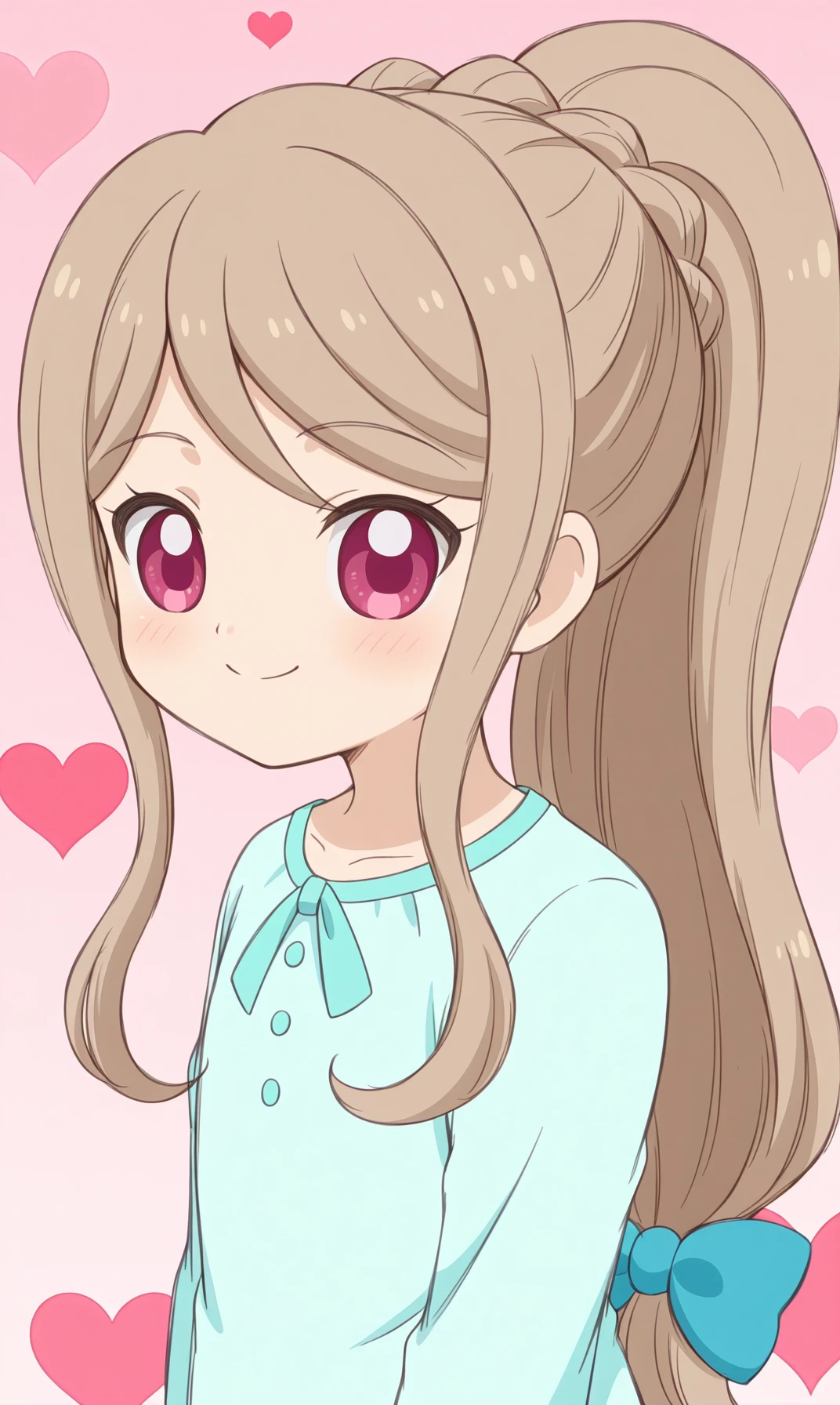 masterpiece, best quality, solo, curvy, beautiful eyes, zzNozomiSakurai, 1girl, solo, smile, long hair, brown hair, pajamas, heart, bow, hair bow, upper body, closed mouth, pink eyes, looking at viewer, blue shirt, low-tied long hair, upper body, swept bangs, red eyes, light brown hair, shirt, purple eyes, blue bow, ribbon, <lora:NozomiSakurai_Cocotama_IXL:1.0>,