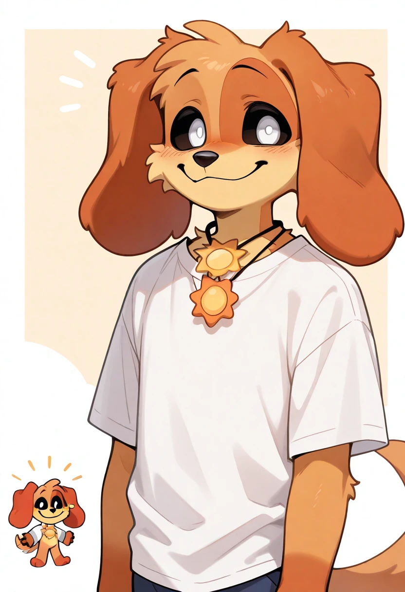 best quality, amazing quality, very aesthetic, absurdres, newest, 1boy, solo, dogday, poppy playtime, male, furry, sun necklace, smile, male, furry male, black sclera, white eyes, chibi, shirt, looking at viewer, dog boy, white shirt, <lora:DogDay_Poppy_Playtime_Illustrious:1>