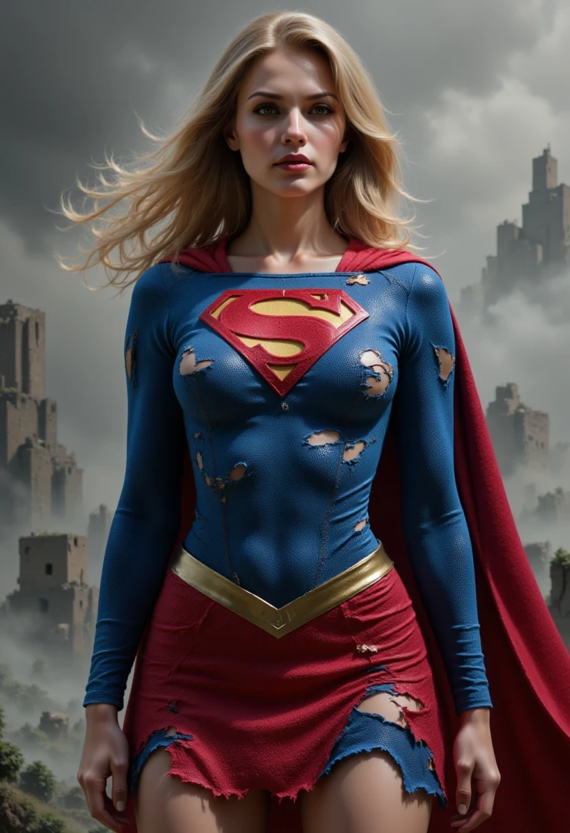 Superwoman, superman suit, skirt, her clothes extremely damaged, tattered, torn clothes, damaged clothes, t0rn,