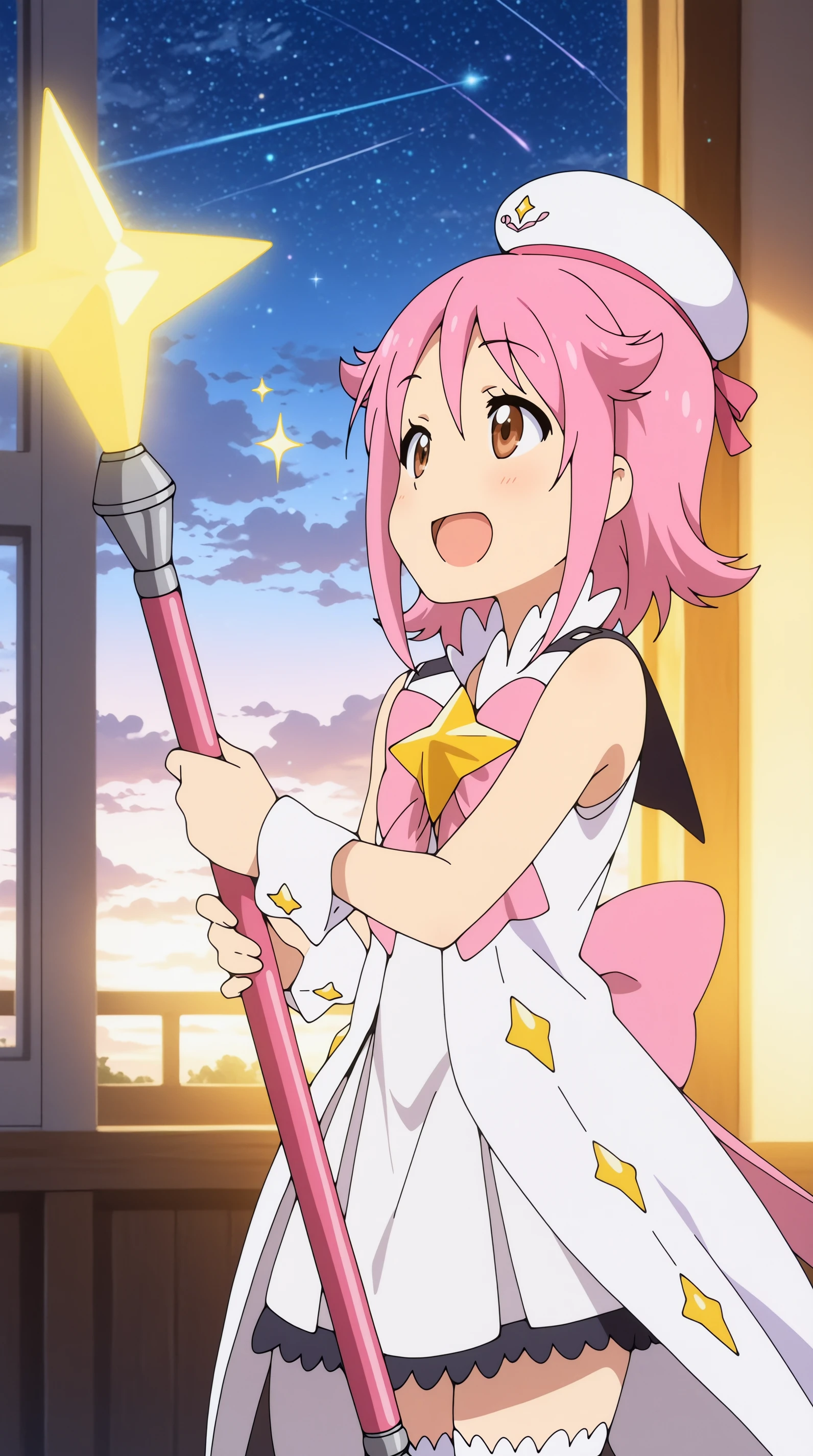masterpiece, best quality, indoors, cinematic lighting, amazing quality, very aesthetic, absurdres, best quality, 4k, upscale, Subaru Pleiades, Magical Costume, solo, smile, open mouth, sparkle, staff, outdoors, sky, fying, <lora:JN_Subaru_Pleiades_Illus:0.8>