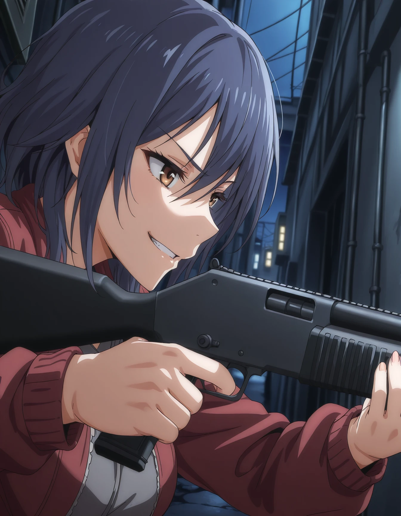 <lora:ikoma-yui-v2-illustrious-000020:0.9> ik0m4yu1, blue hair, brown eyes, red jacket,
1girl, solo, shotgun, aiming, smirk, teeth, alley, night, from side, close-up, masterpiece, best quality