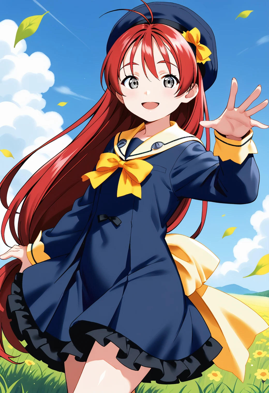 mainami_yuuki, grey eyes, red hair, long hair, very long hair, low-tied long hair, single tied hair, antenna hair, hat, school uniform, sailor collar, blue dress, yellow bow, long sleeves, black frills, <lora:mainami_yuuki_pony_ver1:0.8>
smile,, 1girl, solo, (field:1.2), (blue sky:1.2), looking at viewer,, score_9, score_8_up, score_7_up, source_anime, best quality, uncensored, rating_safe,, (cowboy shot, dynamic pose:1.4),