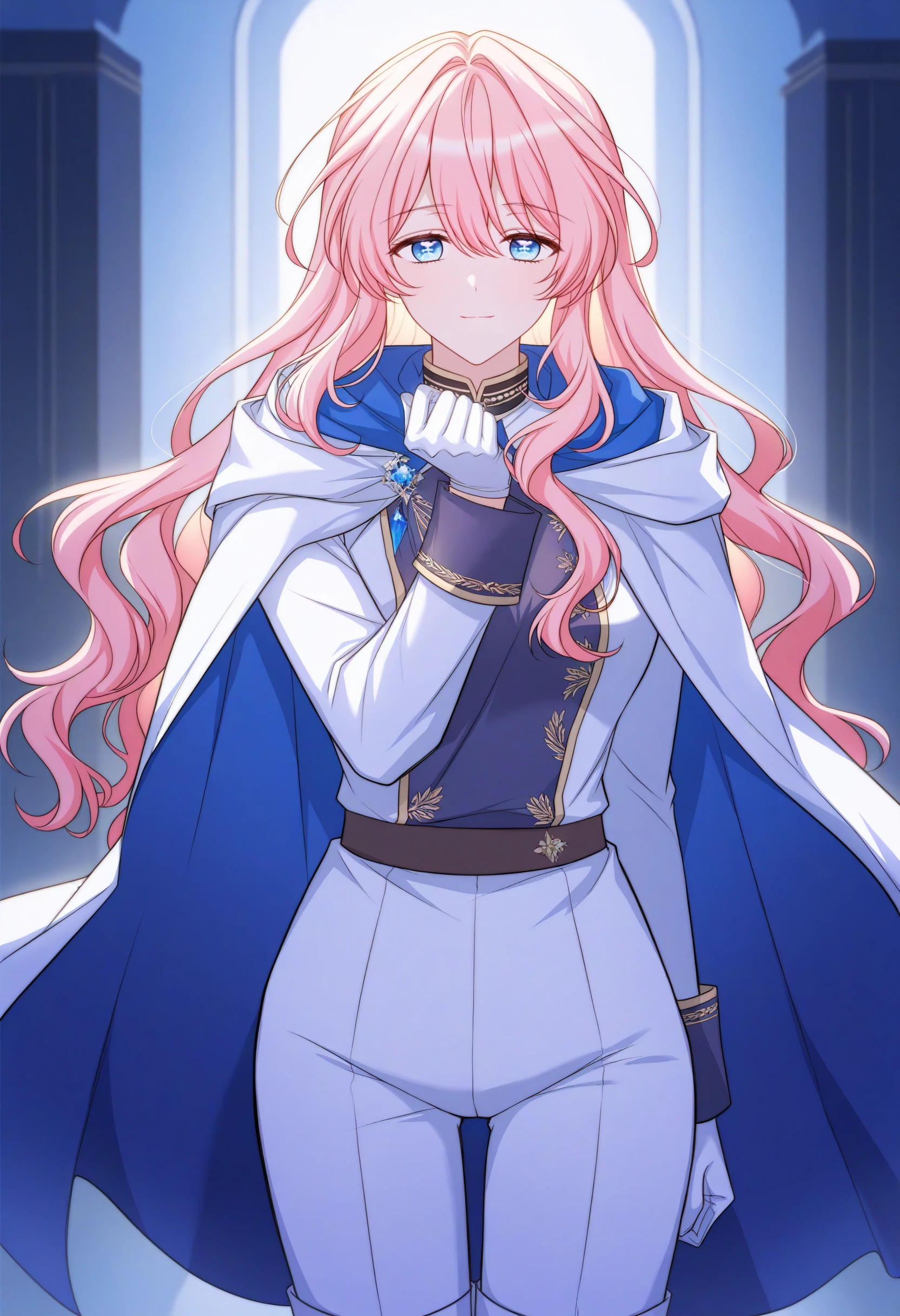 masterpiece, best quality, amazing quality, very aesthetic, absurdres, solo, 1girl,
light smile, looking at viewer,
Asha_IllustV1, gloves, long hair, blue eyes, white gloves, uniform, pink hair, jacket, blonde hair, long sleeves, hair between eyes, bangs, white jacket, cape, wavy hair, white pants, white boots, <lora:Asha_IllustV1:1>