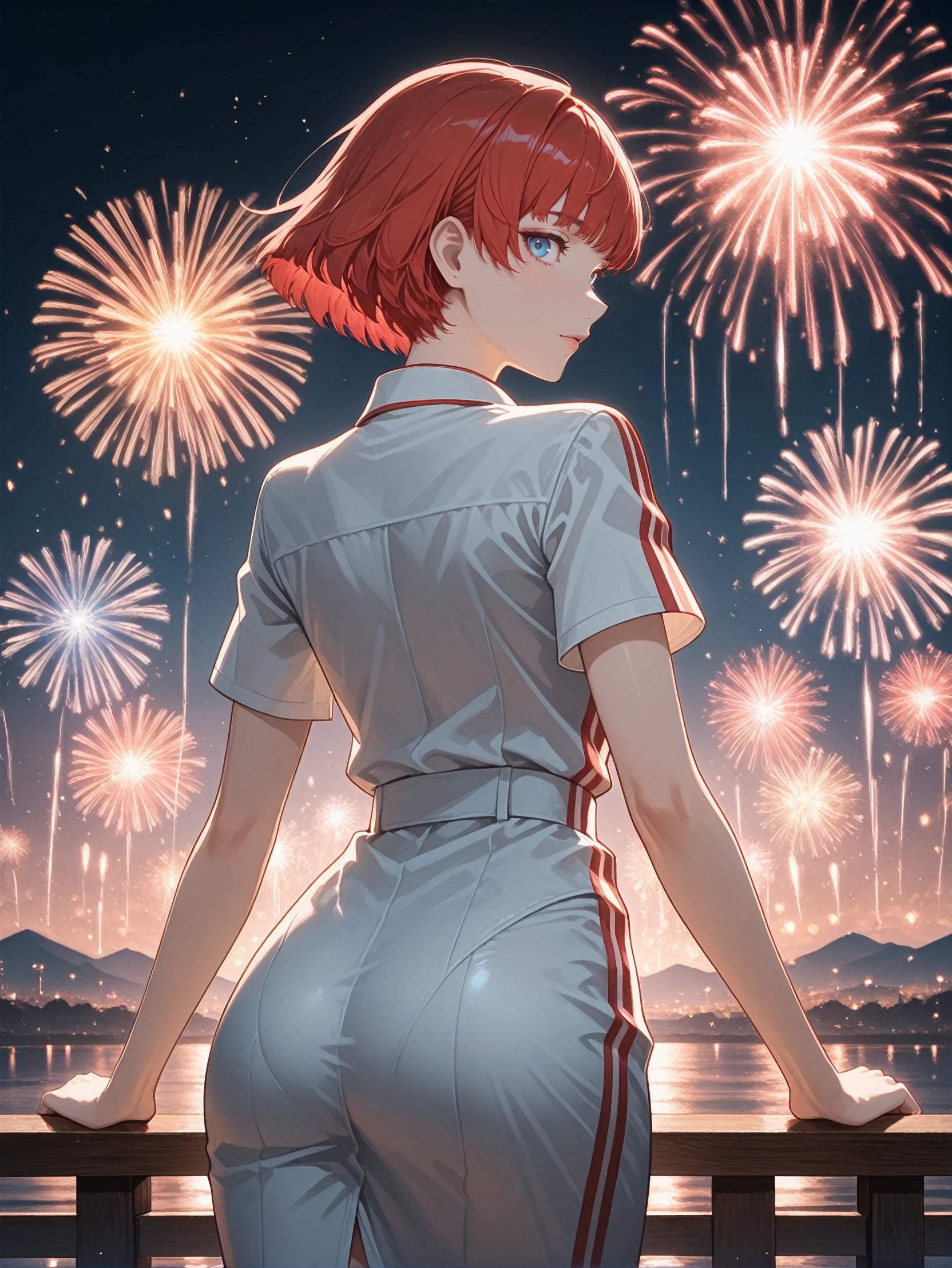masterpiece, best quality, high resolution, very aesthetic, absurdres, newest, professional, high-quality, detailed eyes,
<lora:ILCErica:1.0>
CErica, 1girl, red hair, short hair, blue eyes, looking at viewer, from behind, cowboy shot, dress, looking back, fireworks, at night