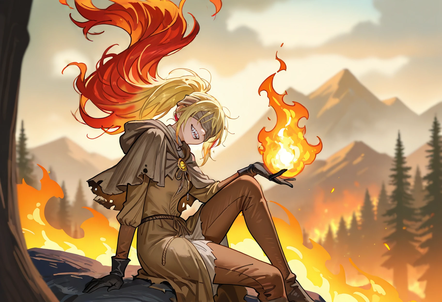 masterpiece,best quality,absurdres,highres,<lora:Hyetta:1>,wildfire,
1girl,solo,cowboy shot,hyetta (elden ring),ponytail, very long hair,messy hair,grey blindfold,covered eyes,black gloves,grey cloak,hide capelet,crazy smile,sharp teeth,facing viewer,sitting,sitting on rock,on mountain,holding fireball,open hand,flame,inferno,smoke,fog,forest on fire,background fire,depth of field,mountainous horizon,detailed background,scenery,from side,arm support,knee up,leaning against tree,two-tone hair,blonde hair,red hair, torn clothes,