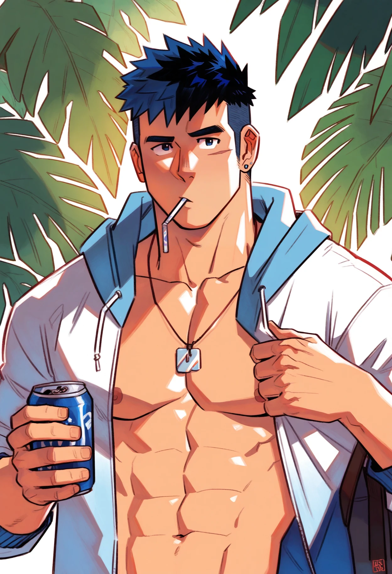 (score_9, score_8_up, score_7_up), solo, looking at viewer, short hair, 1boy, navel, holding, jewelry, nipples, jacket, upper body, male focus, blue hair, multicolored hair, earrings, open clothes, hood, necklace, open jacket, muscular, scar, abs, pectorals, muscular male, bara, hooded jacket, scar on face, can, drinking, bare pectorals, undercut, holding can, mondoart,<lora:mondoart_Pony_v1:1>