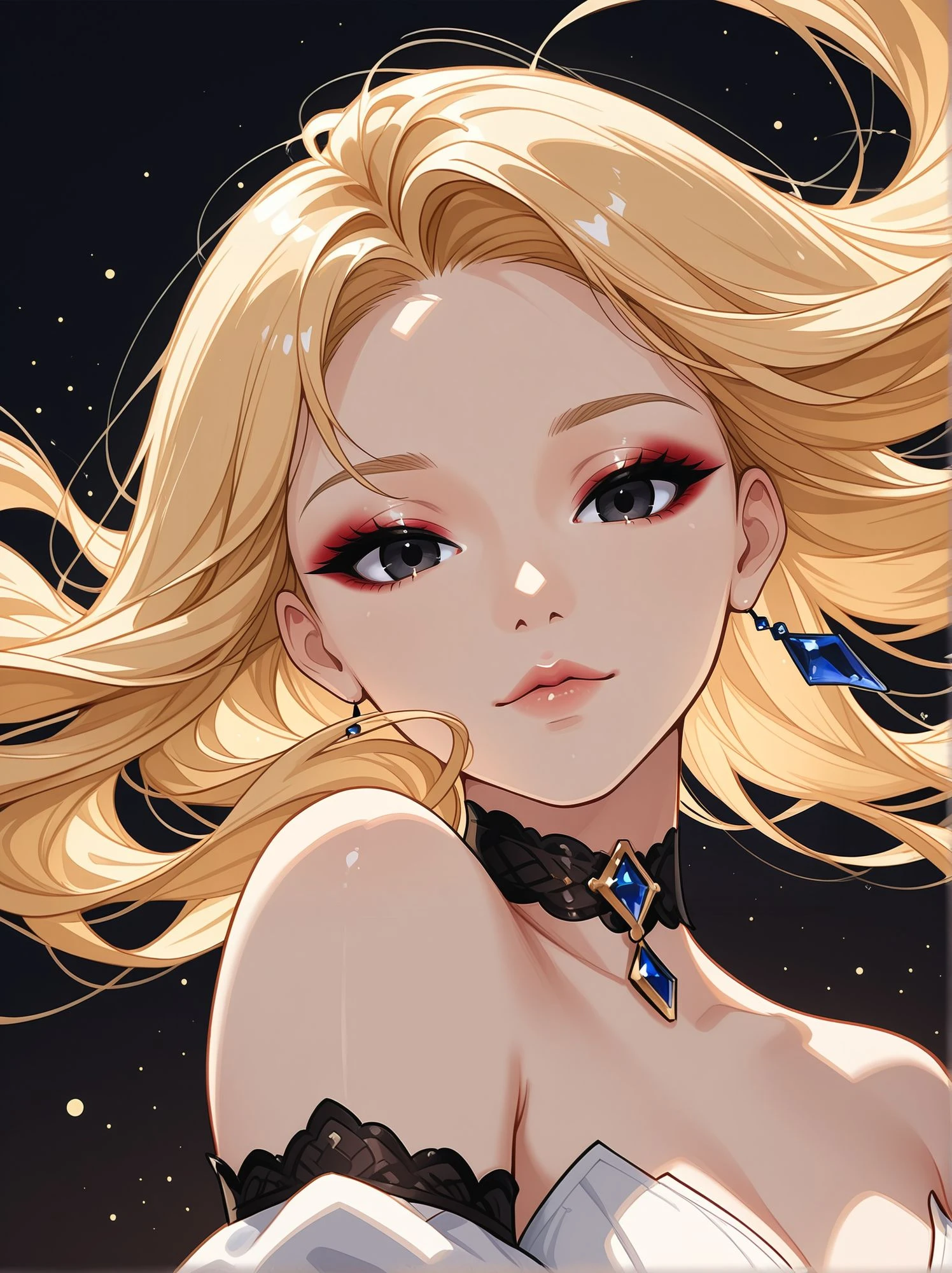 She is shown to have a very thin body type, blonde hair, high cheek bones, and a mole on one side of her face. SPARKLE; GLITTER