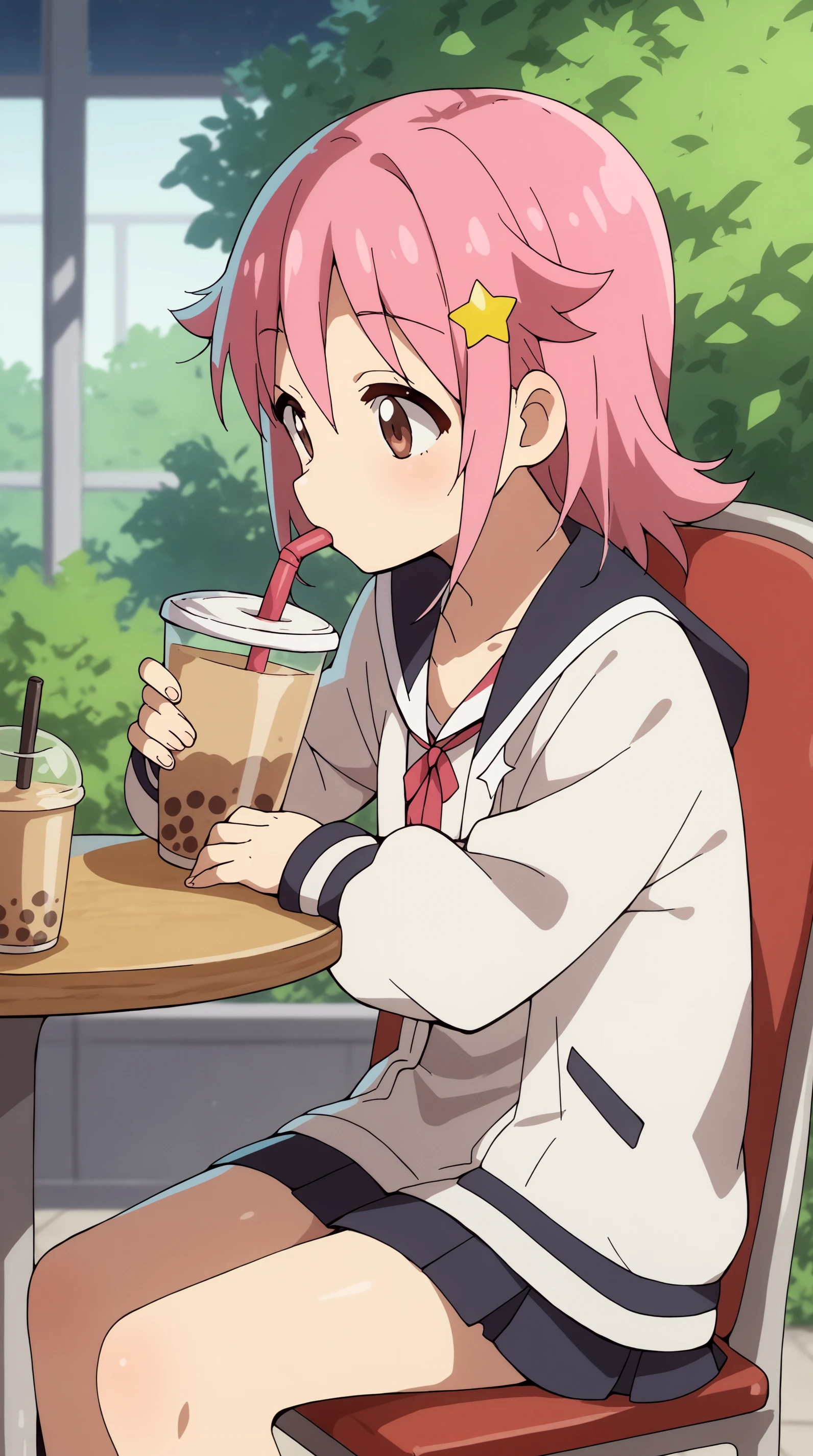 score_9, score_8_up, score_7_up,anime_source, source_anime, best Subaru Pleiades, Main Outfit, solo, sitting, chair, table, drinking, bubble tea, <lora:JN_Subaru_Pleiades_Pony:0.8>