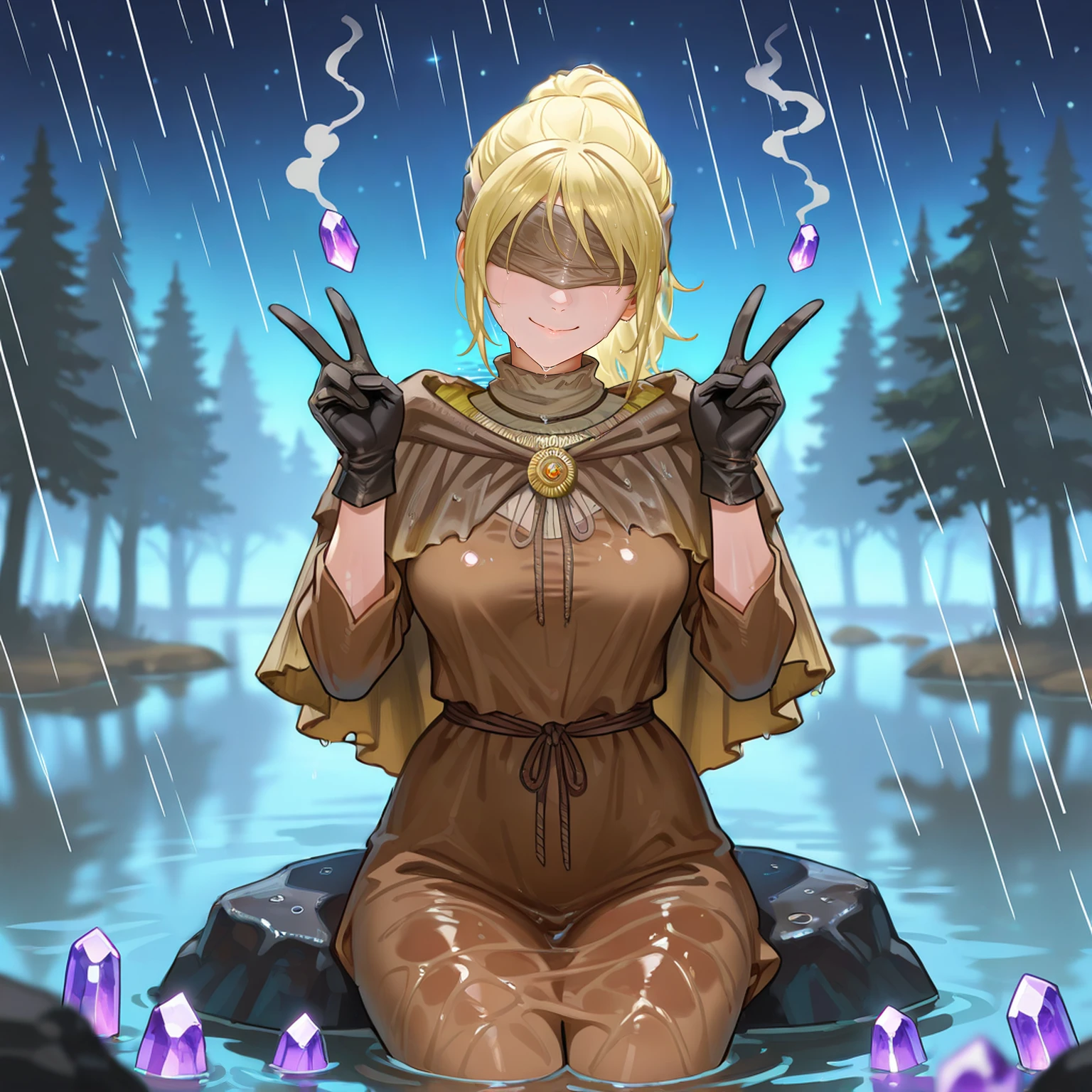 masterpiece,best quality,absurdres,highres,<lora:Hyetta:1>,
1girl,solo,cowboy shot,hyetta (elden ring),short ponytail,grey blindfold,covered eyes,black gloves,grey cloak,hide capelet,medium breasts,
smile,closed mouth,facing viewer,sitting,sitting on rock,wet clothes,rain,hands up,double v,night,night sky,star (sky),smoke,large purple crystals in the water,fog,lake,forest,depth of field,scenery,detailed background, purple crystals floating in the air,