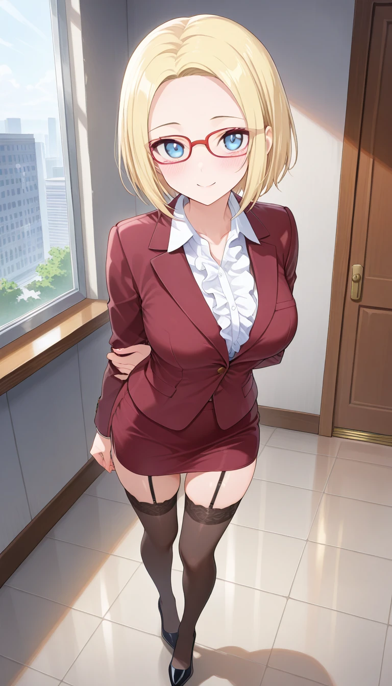 High resolution, 2D anime style,blue eyes beautiful eyes,high and beautiful nose,Skinny face,boyish blonde short hair,Short up-hair,cool woman,beautiful clock,Chest is slightly larger,she looks very serious,biting one&#39;s lips, she was very angry, she narrows her eyes,she wears glasses,Fashion that shows cleavage, Wearing an unbuttoned white shirt,leather red pants,Wearing a long black coat, Formal fashion,wear a coat,Sitting in an office chair,company office