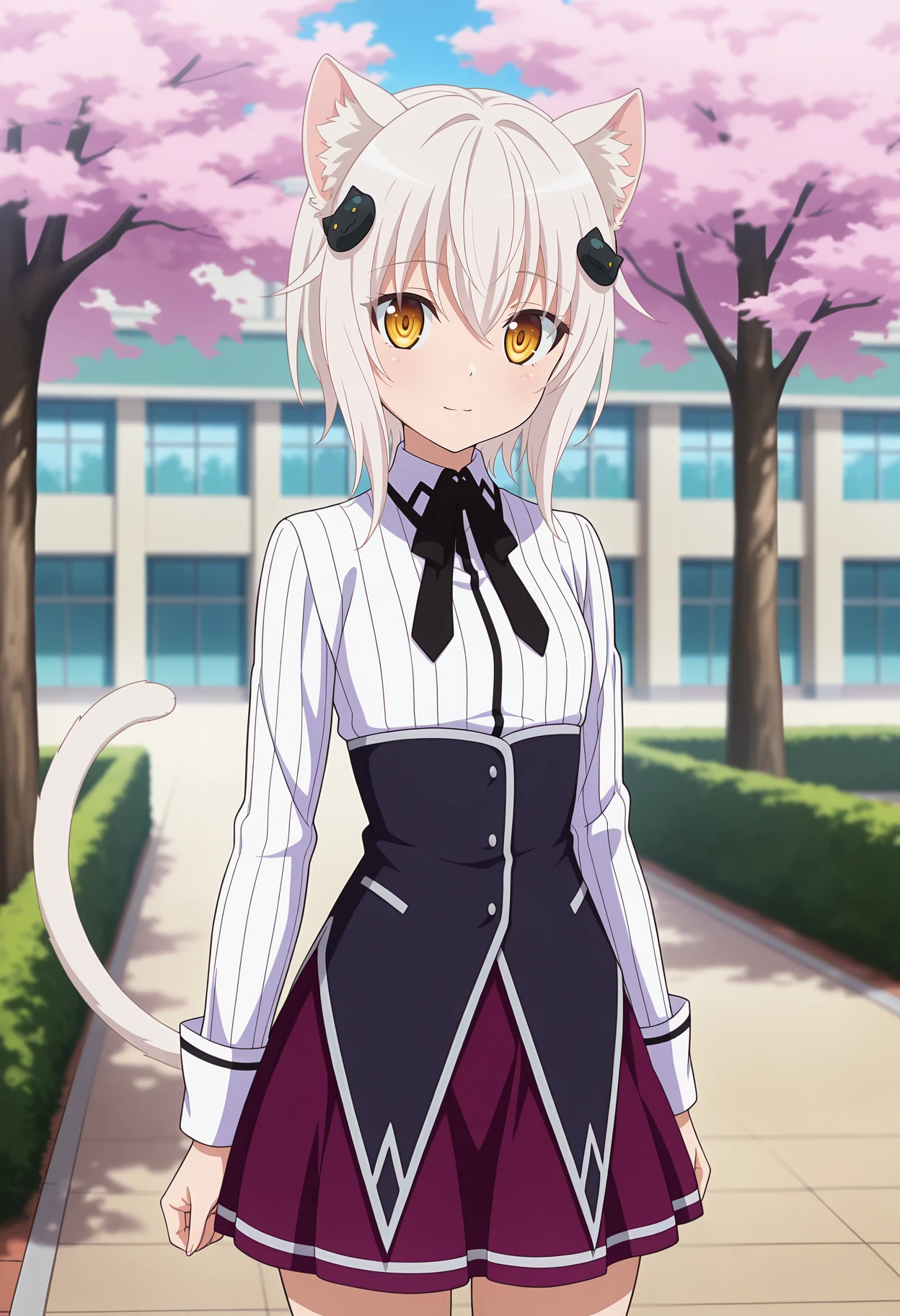 anime screencap, masterpiece, best quality,
<lora:HighSchoolDxDHERO_ToujouKoneko_IlluXL:0.9>,
1girl, solo, light smile, light blush,
white hair, yellow eyes, short hair, cat hair ornament, cat ears, cat tail,
KonekoSchool, striped shirt, white shirt, long sleeves, black ribbon, black corset, purple skirt,
standing, looking at viewer, cowboy shot,
blurry background, outdoors, school, cherry blossoms