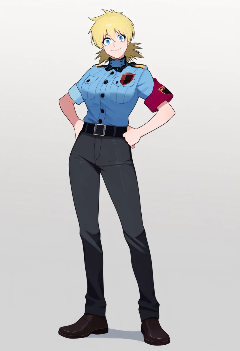 best quality, amazing quality, very aesthetic, absurdres,
BREAK
1girl, seras victoria, blonde hair, blue eyes,
police uniform, black pants, shoes,
standing, full body, hands on ,
smile, looking at viewer, simple background, white background, <lora:SerasVictoriaNoobXL_byKonan:1>