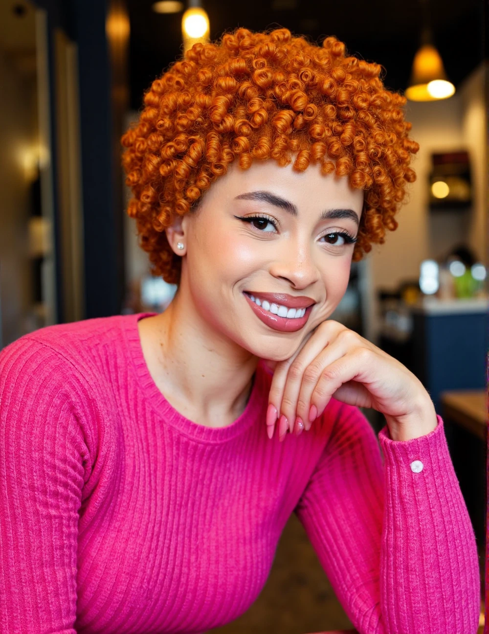 close-up headshot portrait shot on Fujifilm XT-50 of icespice, light-skinned black woman sitting at a cozy cafe wearing a hot-pink heavy corded sweater <lora:SkinDetails_flux_lora_v8:.55> <lora:flux_realism_lora:.75> <lora:Hand v2:1> the woman has plump lips with shiny pink lipgloss, the woman has a smile on her face, young adult black woman in her early 20's, facing the viewer straight on and making eye contact with the viewer, the woman has smooth skin and no wrinkles on her face, the woman has ginger hair, dark-skinned woman, light makeup, minimal basic makeup, grinning <lora:icespice:1> curly afro hair,