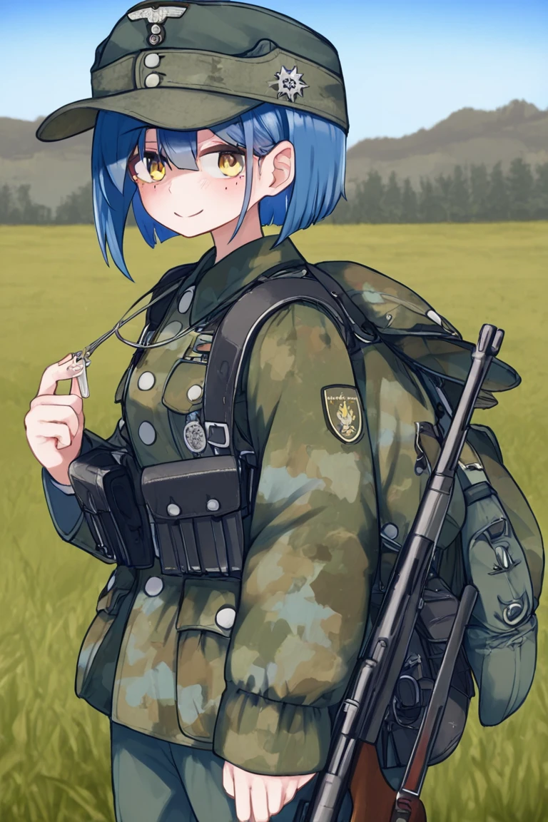 people,characters,copyright,style,general tags,rating,masterpiece,best quality,good quality,newest,
1girl,solo,outdoors,landscape,grass,trees,blue sky,<lora:wehrmacht-ill-v1:1>,
standing,upper body,cowboy shot,
smile,blush,
Ryo Yamada,bocchi the rock!,
yellow_eyes,blue_hair,short_hair,mole_under_eye,small_breasts,
Wehrmacht,heer,green military uniform,jager,gebirgsjager,edelweiss badge,Scharfschutze,kar98k,rifle,sniper rifle,camouflage Parka,field cap,mountain cap,M43cap,backpack,ammunition pouch,ammo pouch,