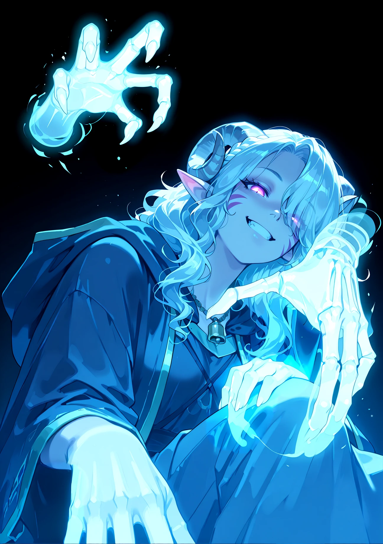 masterpiece,best quality, anime,
pointy ears, tiefling, silver hair, ivory sheep horn,
<lora:whisker_markings:0.8>red whisker_markings:1.7, silver long wavy hair, bell necklace, short pointy ears, purple eyes, tiefling_bard_diana:1.2, hair over one eye, braid, <lora:Tiefling_bard_Diana_ILXL:1> cloak,
cow tail:1.4,
from below, expressionless, , sitting, head tilt,
dutch angle,
<lora:chill_touch_Test:0.8>chill_touch-(magic), outstretched handskeletal disembodied hand, purple blue magic, solo,
claws, cowboy shot , glowing eyes, dimmed, dark background, simple background,