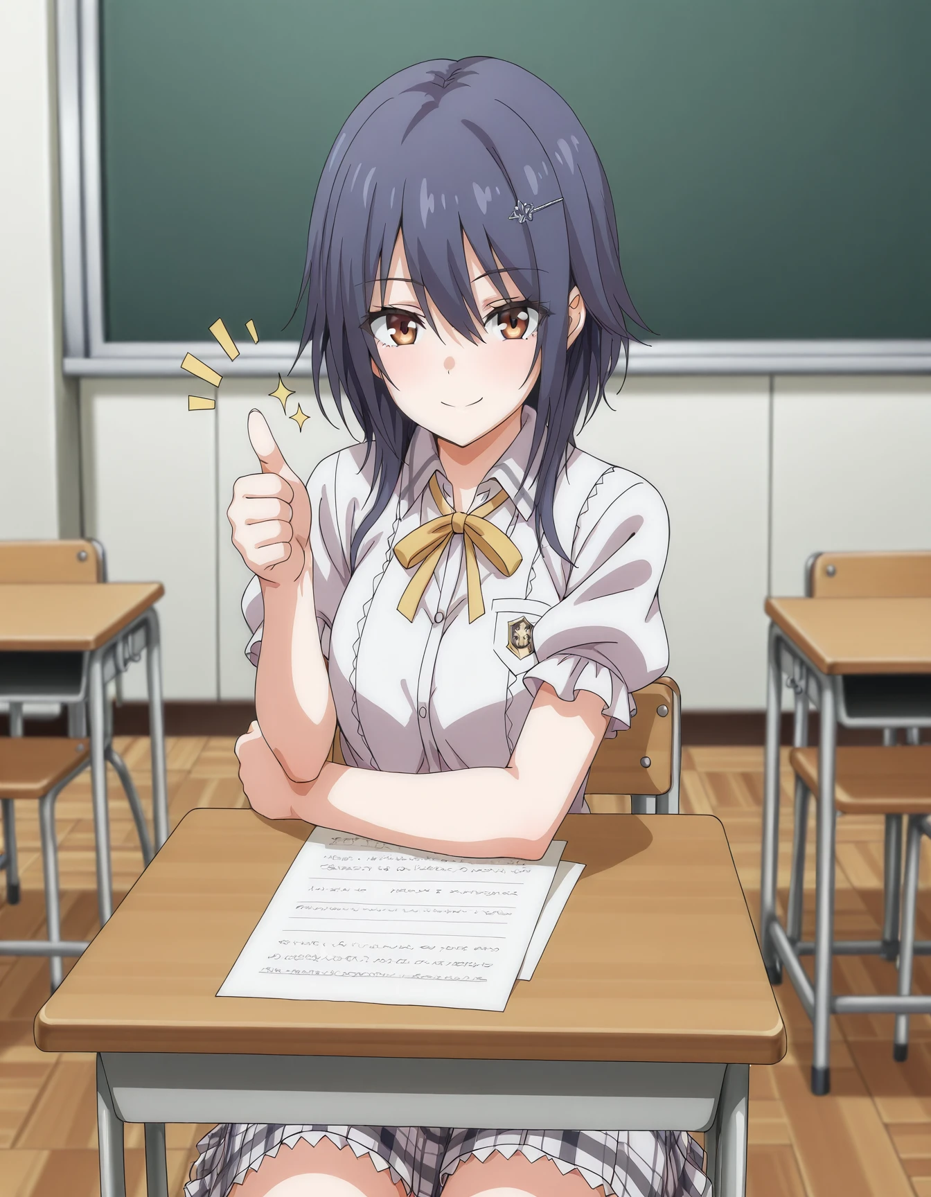 <lora:ikoma-yui-v2-illustrious-000020:0.9> ik0m4yu1, hairclip, school uniform, plaid skirt
1girl, solo, classroom, sitting, school desk, celebration, paper on desk,thumbs up,smile,closed mouth, masterpiece, best quality
