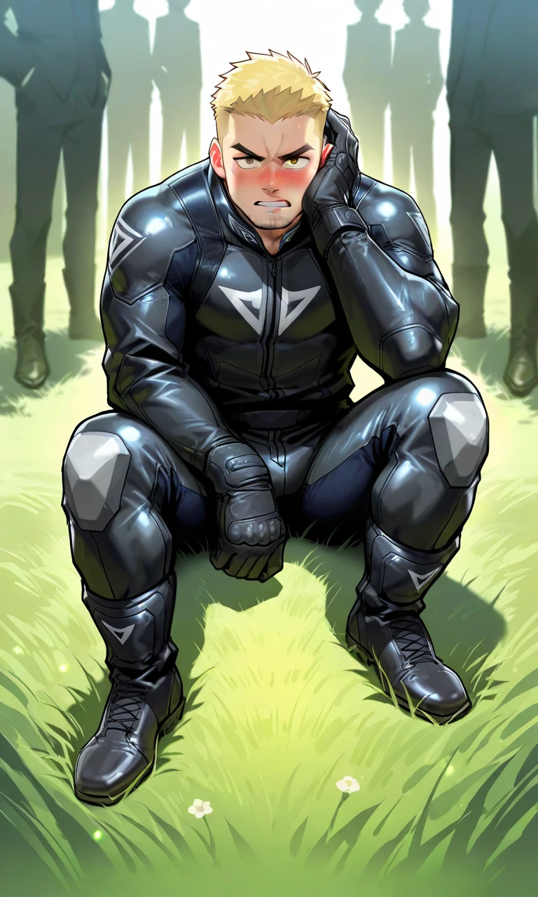 score_9,score_8_up,score_7_up,score_6_up,source_amine,perfect anatomy,perfect proportions,best quality,masterpiece,high_resolution,high quality,absurdres,BREAK (solo focus, male focus, bara, mature, handsome, charming, alluring),BREAK (mature man, middle- man, blond hair, hazel eyes, facial hair, stubble),BREAK (bikersuit,<lora:bikersuit:0.9>, full body),BREAK random pose,sitting on grass ground,relaxed pose,leaning slightly,one knee bent upward,other leg extended,(hand supporting head),legs spread,contemplative expression,perfect face,emotional,harmonious,vignette,bokeh,cinemascope,moody,epic,gorgeous,upset,arrogant,mad,angry,unhappy,flustered,weathered,pissed,unsociability,bluntness,gruffness,