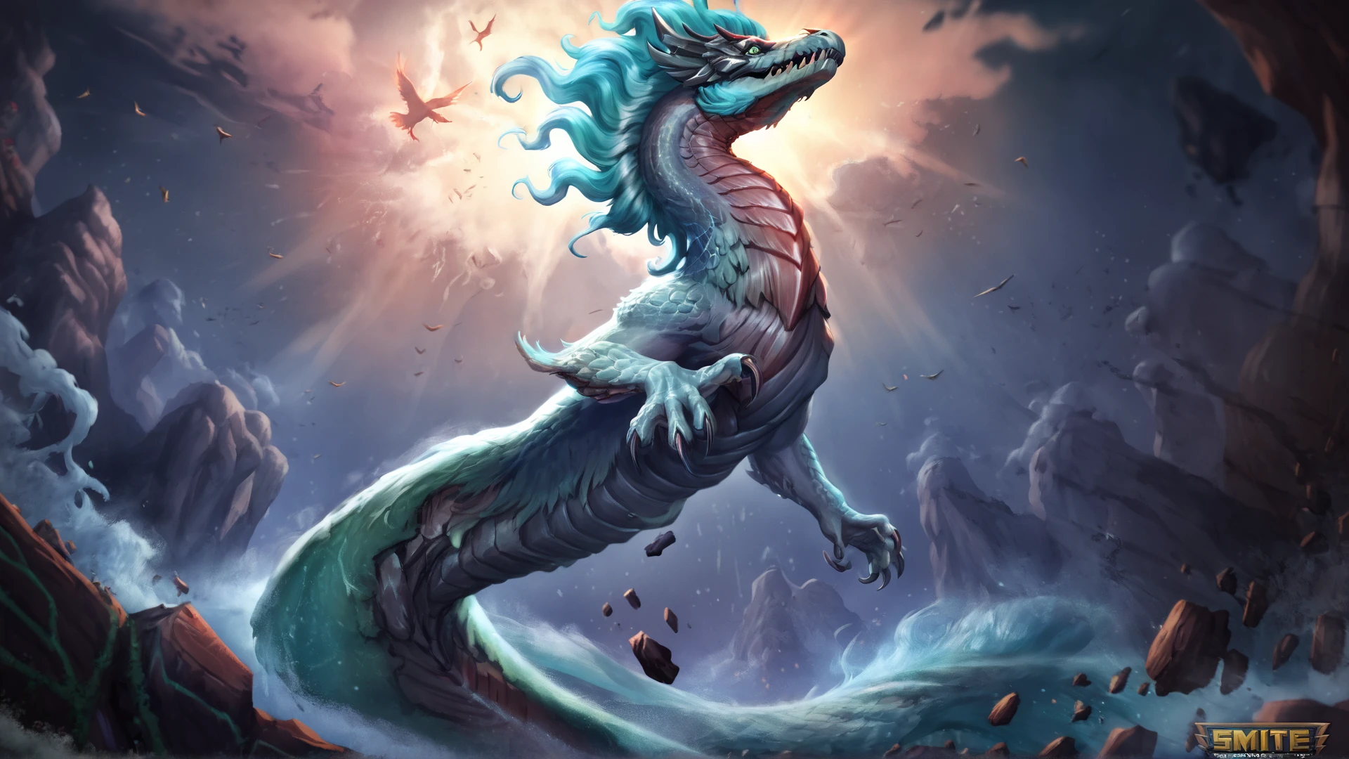smitesplashart, massive mythical asian dragon, dramatic sky, dramatic lighting, contrast, red glowing lines between scales, cream color beard,serpentine body, cream color mane, big flowing mane, (soaring amidst chaotic sky), detailed scales, powerful claws, fierce expression, mouth agape, roaring, (wreathed in swirling grey mist), detailed mane, powerful, dynamic pose, coiled up:0.5, mid-air, stormy, chaotic landscape below, streaked with flying birds in the distance, debris, and meteors, meteors from right corner to left corner, sunset-like, warm colors, dramatic lighting, atmospheric perspective, wind-swept clouds, stylized fantasy art, digital painting, high detail, 8k resolution, smitesplashart ,intricate details <lora:xl_more_art-full_v1:0.8> absurd res,(two claws), parts of the dragon large body in the foreground,out of focus foreground, detailed dragon face, smoke <lora:Smite_Splash_Art_Style_v2:1> <lora:20230525122544:0.7> starry night, looking to the left, blurred foreground
