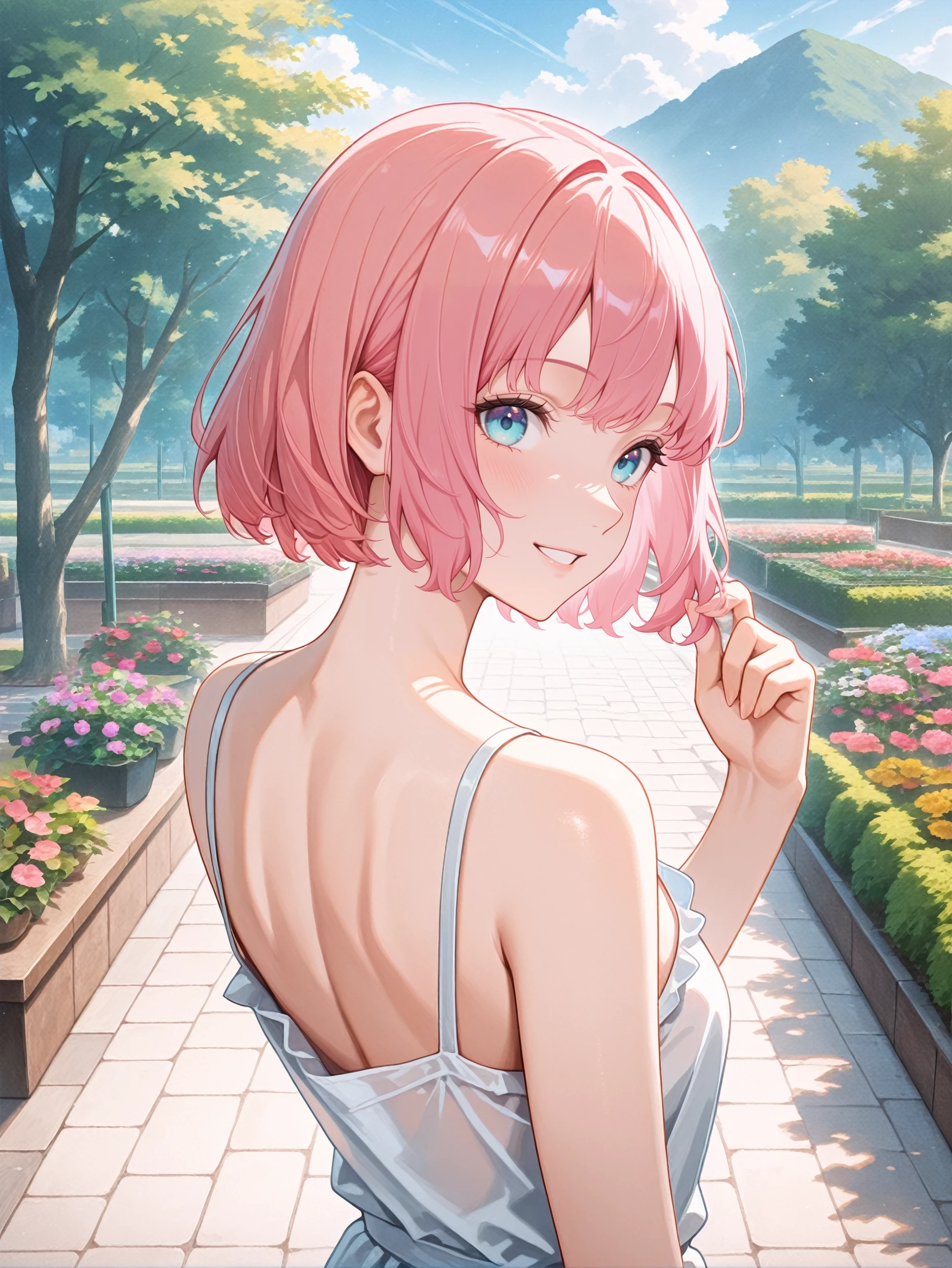 masterpiece, best quality, high resolution, very aesthetic, absurdres, newest, professional, high-quality, detailed eyes,
<lora:ILCRin:1.0>
CRin, 1girl, blue eyes, pink hair, short hair, looking at viewer, from behind, looking back, smile, holding own hair, back, sundress, outdoors, garden