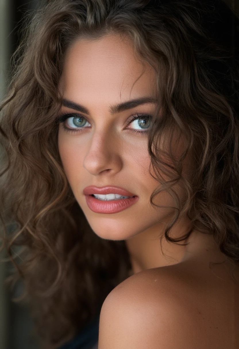 Breathtaking shoulder to head shot photograph of stacysanches, , hands out of frame, looking at viewer, eyelashes, fine hair detail, entire hairstyle visible, perfect eyes with iris pattern, sensual lips, nose, (perfectly sharp:1.3), realistic textures, (deep focus:1.5), 8k uhd, dslr, ultra high quality image, film grain, Fujifilm XT3