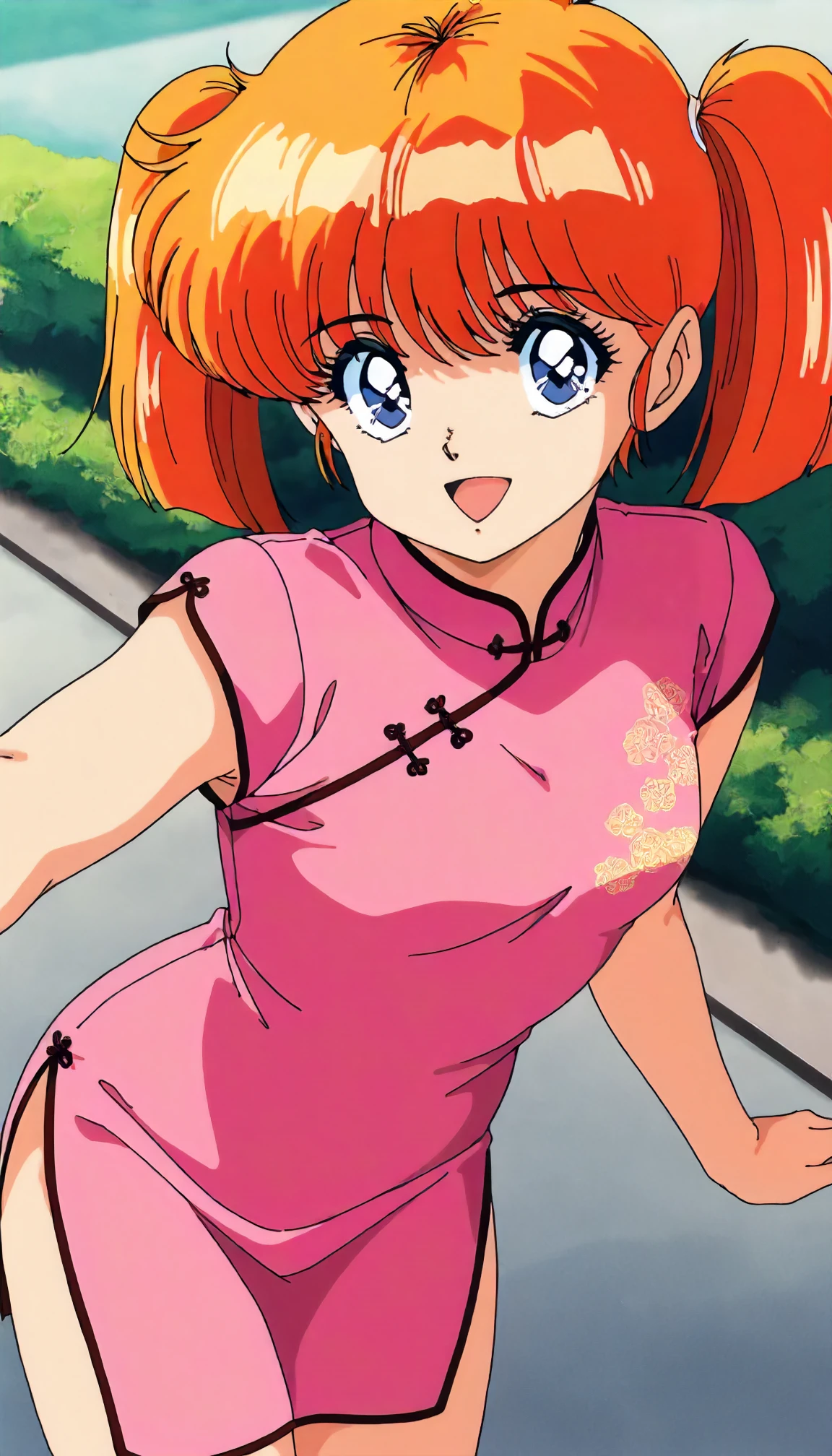 <lora:LA_sakurai_tomoXLIllustrious001>,
masterpiece,best quality,good quality,newest,
outdoors,
smile,open mouth,
looking at viewer,
solo,
anime coloring,retro artstyle,
sakurai_tomo\(lemon_angel\),1girl,orange hair,twintails,blue eyes,
standing,
print_cheongsam,