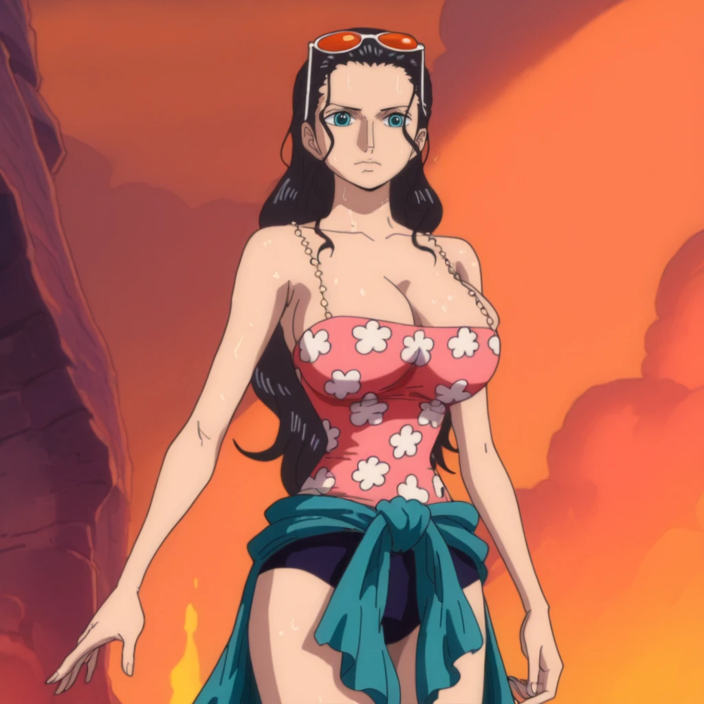 <lora:NicoRobin_illustrious_v1:1>NicoRobinPinkShortShirt, 1girl, black hair, large breasts, eyewear on head, long hair, cleavage, hair slicked back, sunglasses, one-piece swimsuit, blue eyes, sarong, bare shoulders, collarbone, cowboy shot