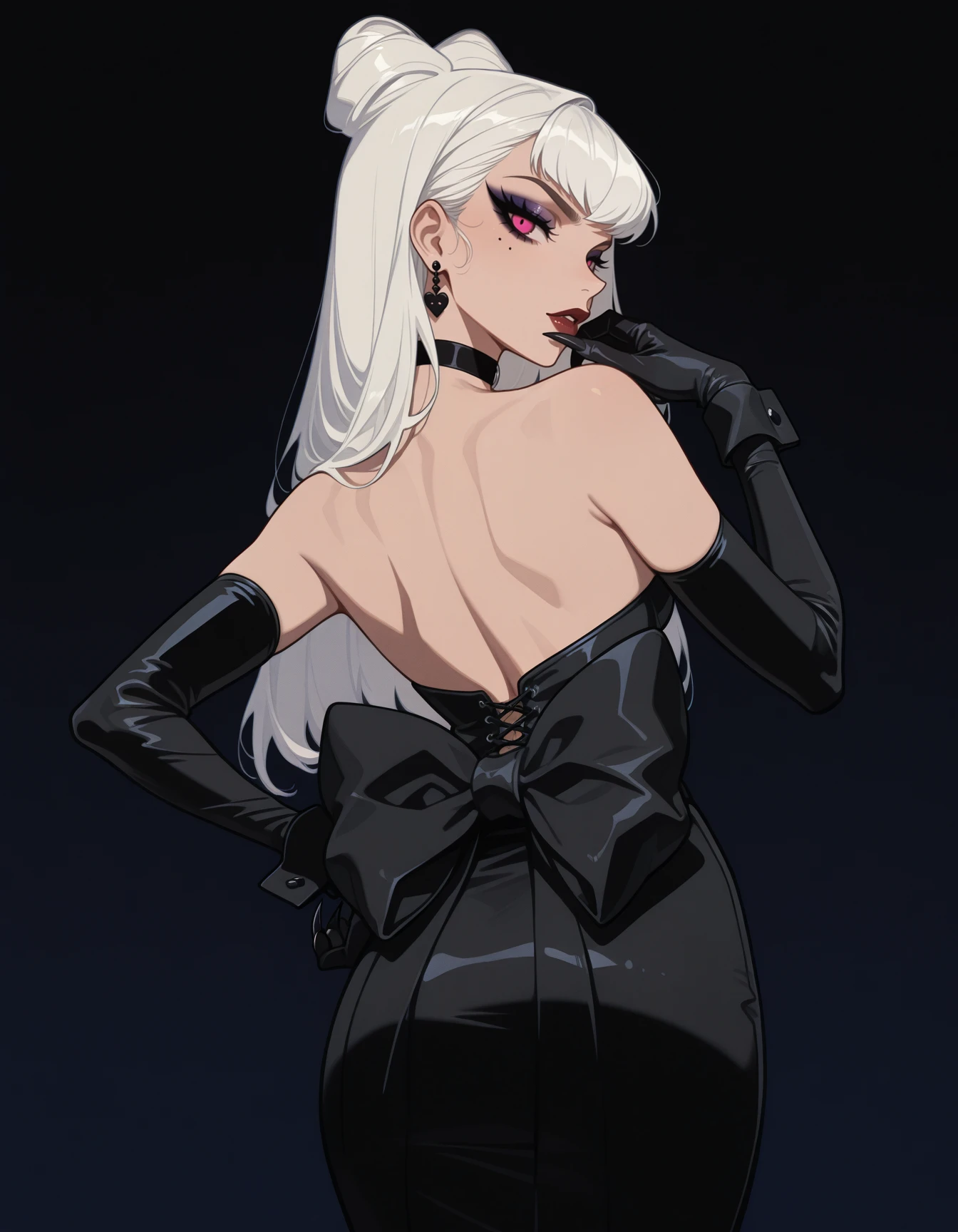 1girl, solo, black latex, the baddest evelynn, minibuns, claws, yandere, contrapposto, strapless, backless, huge bow, back bow, cowboy shot, o-ring choker, <lora:Test4-ILXL2025-02-06_21-38-29-save-216-36-0:0.9>, long dress, elbow gloves, wrist cuffs, <lora:Style_ecstatic-EGirlPFP-ILXL:1> EGirlPFP, dramatic eyeliner, from behind, hand on hips, looking back, hand on face, <lora:Style_shiiro-haiz-ai-ILXL:0.3> haiz_ai, no lineart,no outline, masterpiece, best quality, very aesthetic, newest