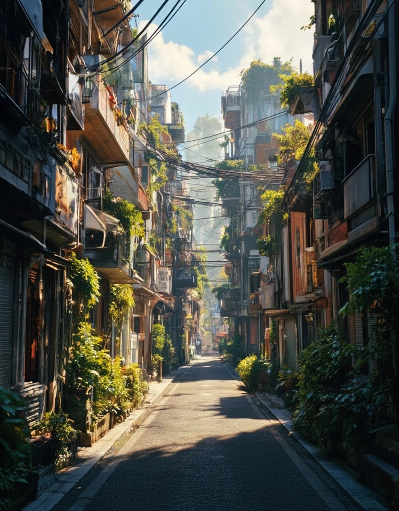<lora:City_Worlds_01_v1_Roads_flux:1> citybkg, cyberpunk, evening, sun shades, very detailed, very narrow street, futuristic, ground view, houses, vegetation,