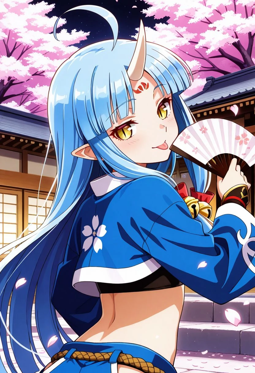 detailed eyes, beautiful, detailed background, perfect eyes,
source_anime, very aesthetic, anime coloring, masterpiece, official art,
<lora:HandFineTuning_XL:1>
BREAK,
japanese village, cherry blossom, flower petals, night
from behind, looking back, outdoor, japanes house, sakura tree, holding fan, smile, close up, dancing, upper body, tongue out,
BREAK,
<lora:suzukahime_illustrious_v01:0.9>
suzukabase, forehead horn, yellow eyes, blue hair, slit pupils, hair bell, very long hair, hime cut, sidelocks, pointy ears, midriff, forehead mark, strapless, long sleeves, white legwear, tabi, hip vent, ahoge, blue dress, flat chest,