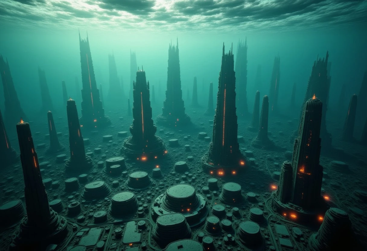 the most realistic, photorealistic photo ever taken [Highest quality、WARM vibrant colors, masterpiece、RAW Photos、god rays, Realistic、water currant, Film Grain、(submerged in the sea:1.5), ( VAST UNDERWATER City:1.5), ( NUCLEAR EXPLOSION:1.5), (SCIFI:1.4), (FISHES SWIMMING:1.5), A city where TECHNOLOGY WELL  developed, Huge construction、pyramids, Very dense and delicate, sun rays piercing the surface of the water, ]