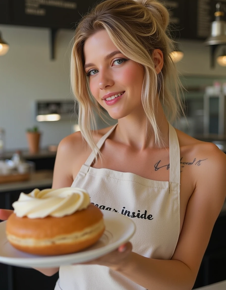 a woman, behind the counter of a bakery, cafe background, offering a creampie donut on a platter. her hair is up in a messy bun with front strands coming down on the side of her face. The girl is wearing nothing but a high neck skimpy apron. (((Her apron has text that reads âSugar insideâ))). she smiles seductively