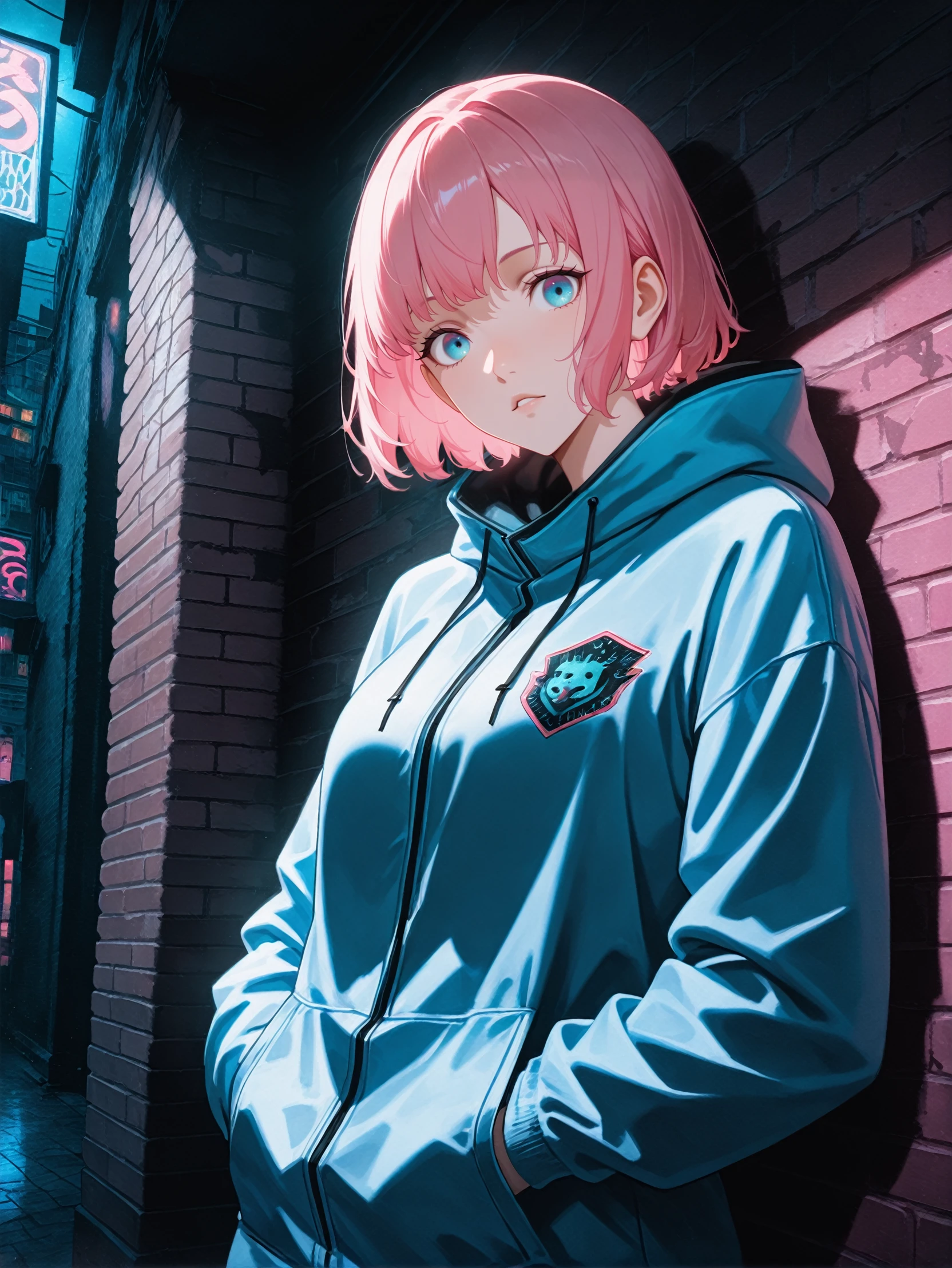 masterpiece, best quality, high resolution, very aesthetic, absurdres, newest, professional, high-quality, detailed eyes,
<lora:ILCRin:1.0>
CRin, 1girl, blue eyes, pink hair, short hair, looking at viewer, leaning against a brick wall, hands in jacket pockets, urban alleyway with graffiti art, moody lighting with shadows, edgy and modern vibe