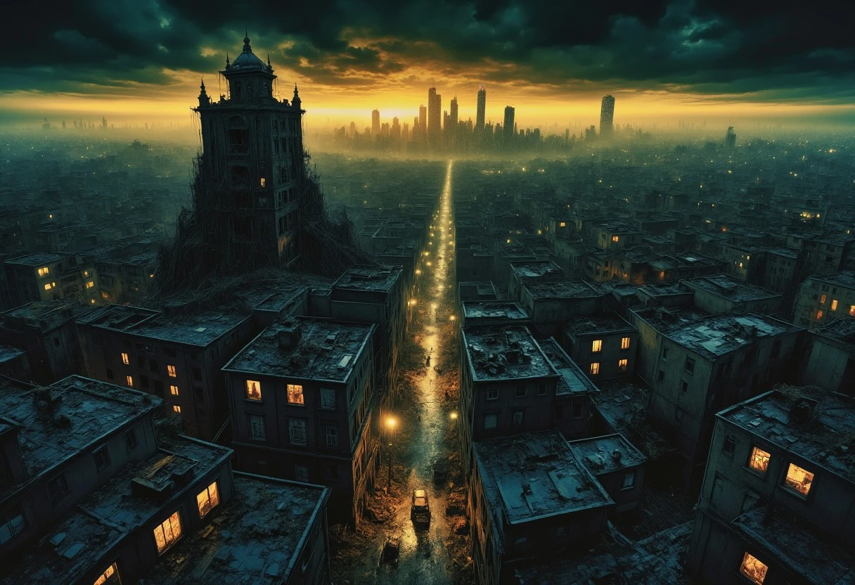 high quality, 8K Ultra HD, a metropolis where elements of nightmarish surrealism converge into a scary, gore, horror scene, Escher's influence is subtly incorporated, transforming the city into an intricate, mind-bending spectacle, Stark contrasts between light and dark enhance the dreamlike quality of the scene, creating an unsettling yet captivating urban horrific dreamscape, photorealistic, ultra realistic,