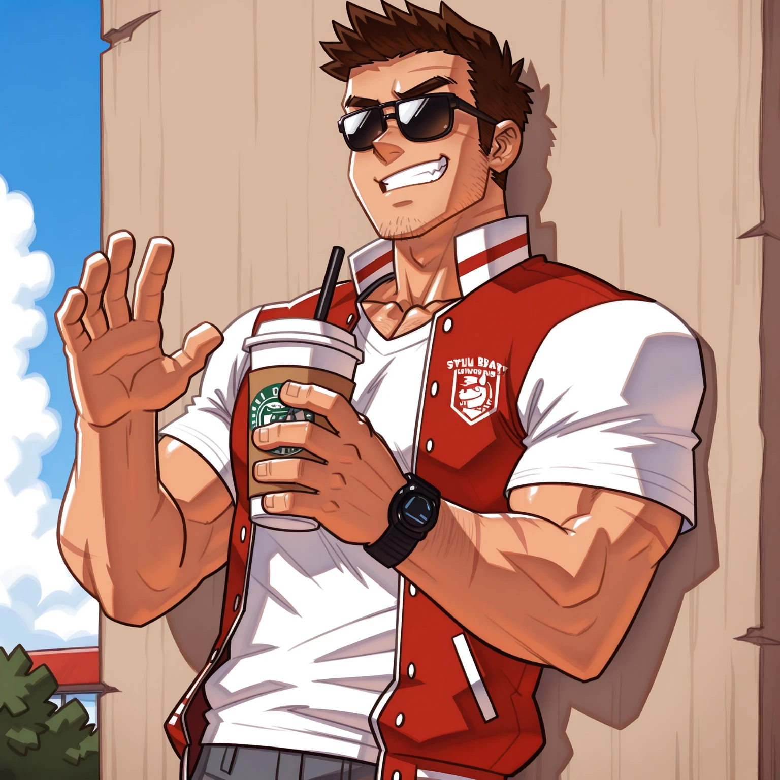 1boy, bara, solo, biceps, brown hair, mature male, scars, stubble, college jock, frat boy, varsity jacket, stylish, sunglasses, grinning, disposable cup, leaning against wall, male focus, mondoart, muscular male, mondoart <lora:mondoart_ILXL_v1:1>