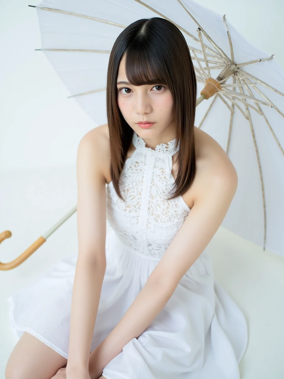 The image is a portrait of a young woman named kosakana sitting on the floor with a white umbrella in her hand. Her figure is very slim, with snow-white skin. She is wearing a white lace dress with a halter neckline and a flowy skirt. She has long hair with bangs and she is looking directly at the camera with a serious expression. The umbrella is open and the woman is holding it with both hands. The background is plain white and the overall mood of the image is peaceful and serene.