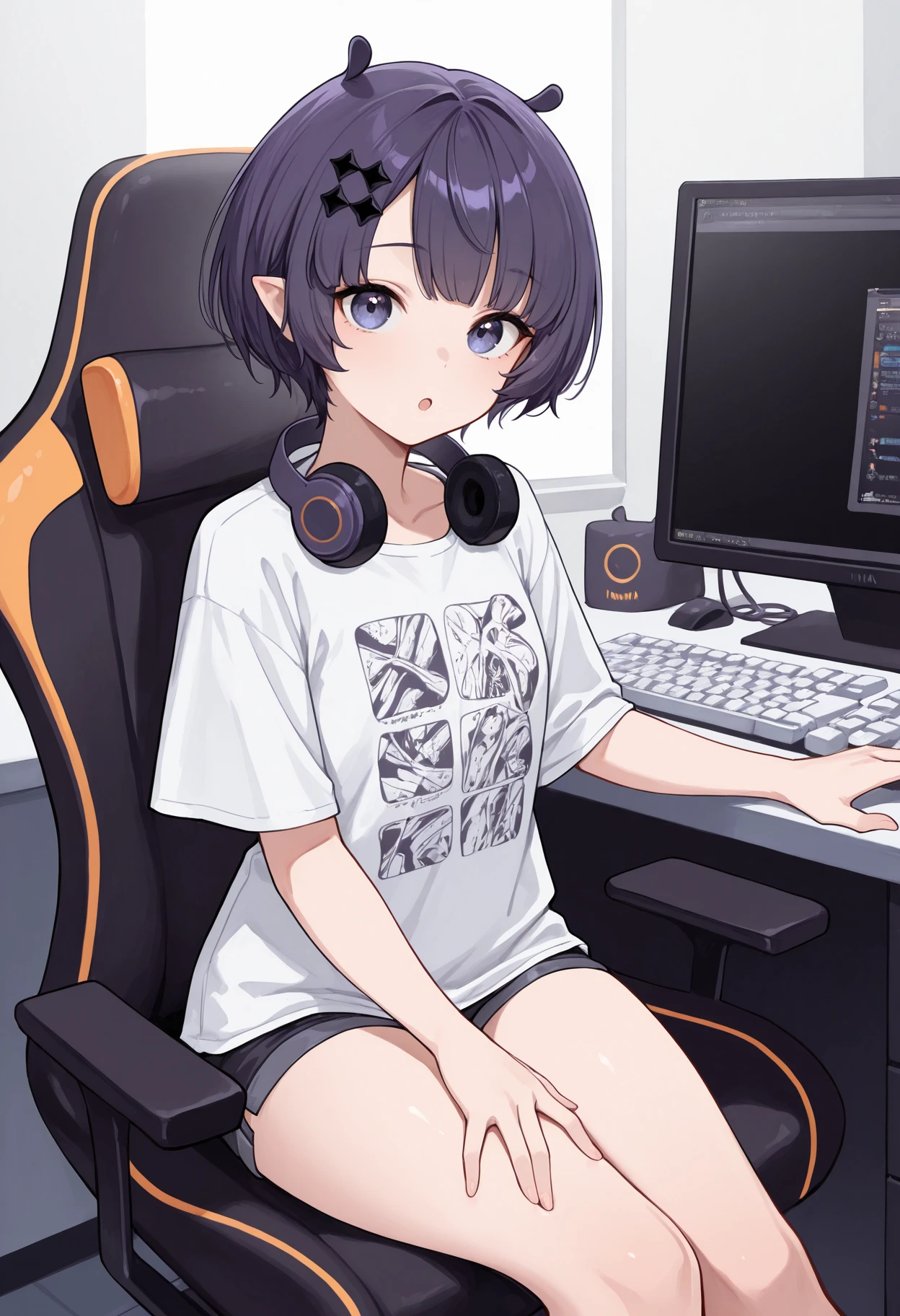 1girl, solo, full body, bedroom, gaming chair, computer monitor, sitting, on chair, inacasual, white t-shirt, short shorts, :o