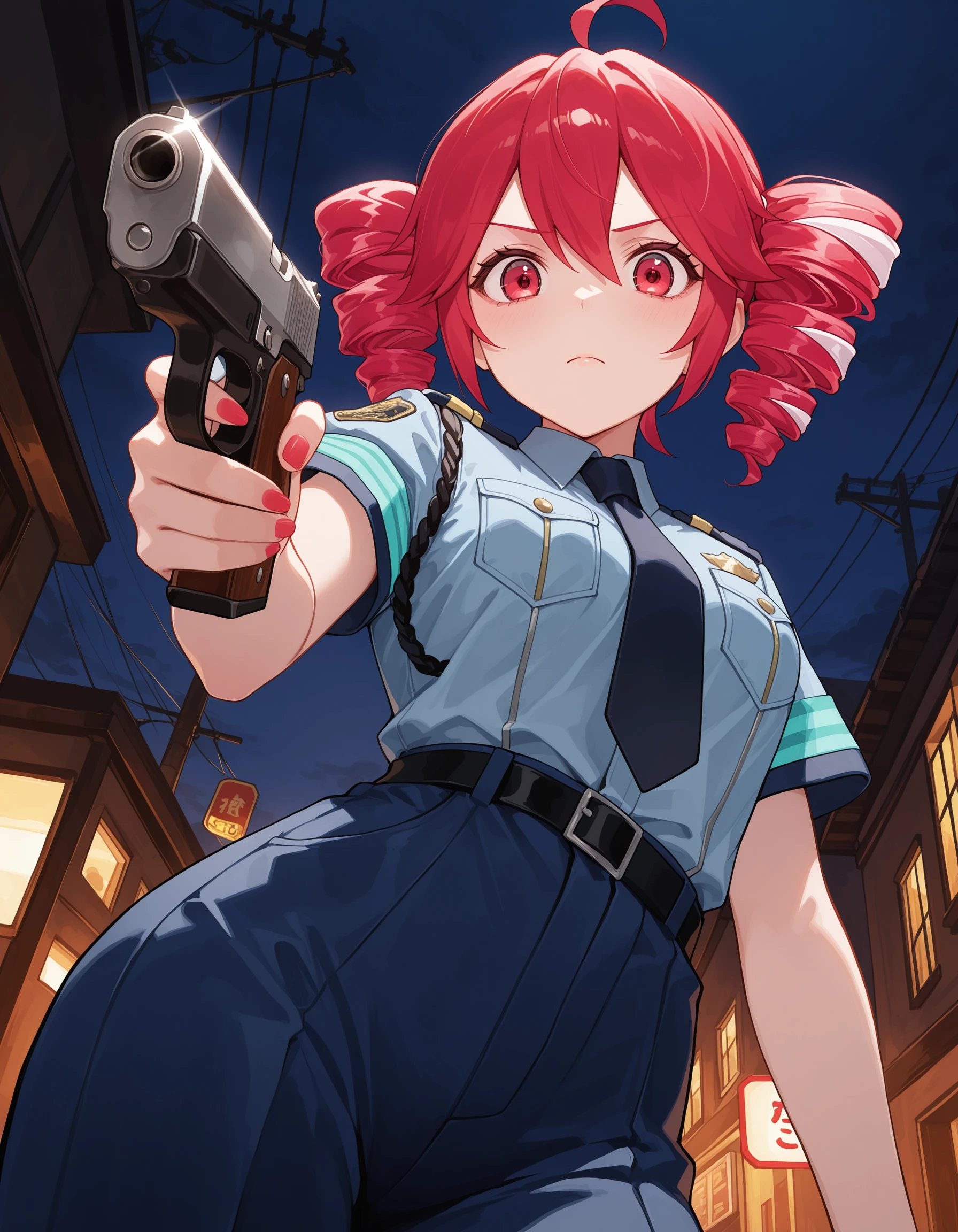<lora:TetoKasaneILXL_V2:0.8> kteto, girl, drill hair, short hair, (police uniform:1.1), serious, looking at viewer, aiming at viewer, holding handgun, from below, night, masterpiece, best quality, amazing quality, highres, absurdres, very aesthetic, high resolution, ultra detailed, perfect details