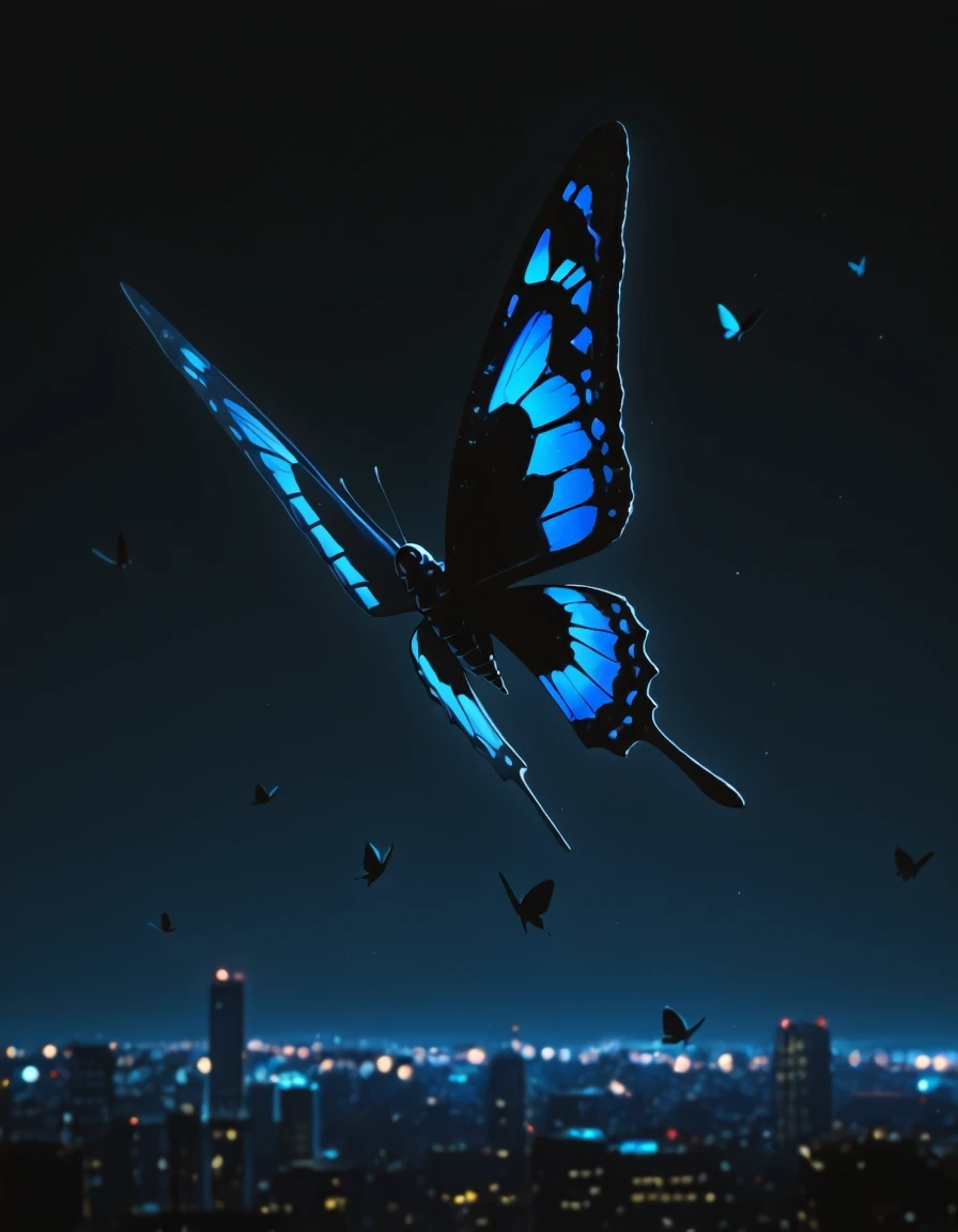 stylish,no humans,city light,black theme,dim lighting,high contrast,night sky,matserpiece,absurdres,depth of field,butterflies,extremely aesthetic,viloet theme,absurdres,wallpaper,panorama,