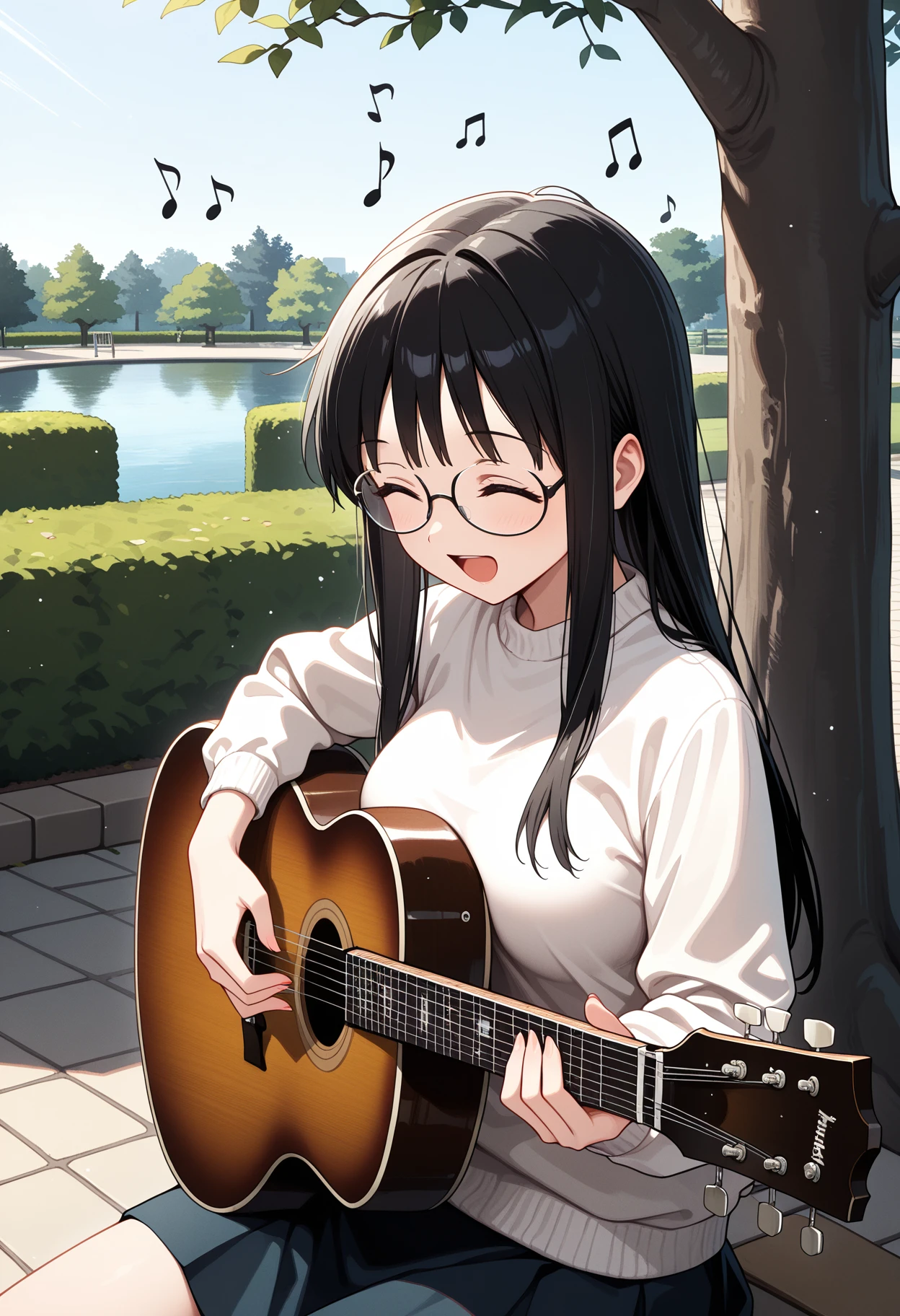 masterpiece, best quality, amazing quality, 1girl, park, playing-instrument, playing acoustic guitar, singing, black hair, long hair, sidelocks, glasses, happy, musical note