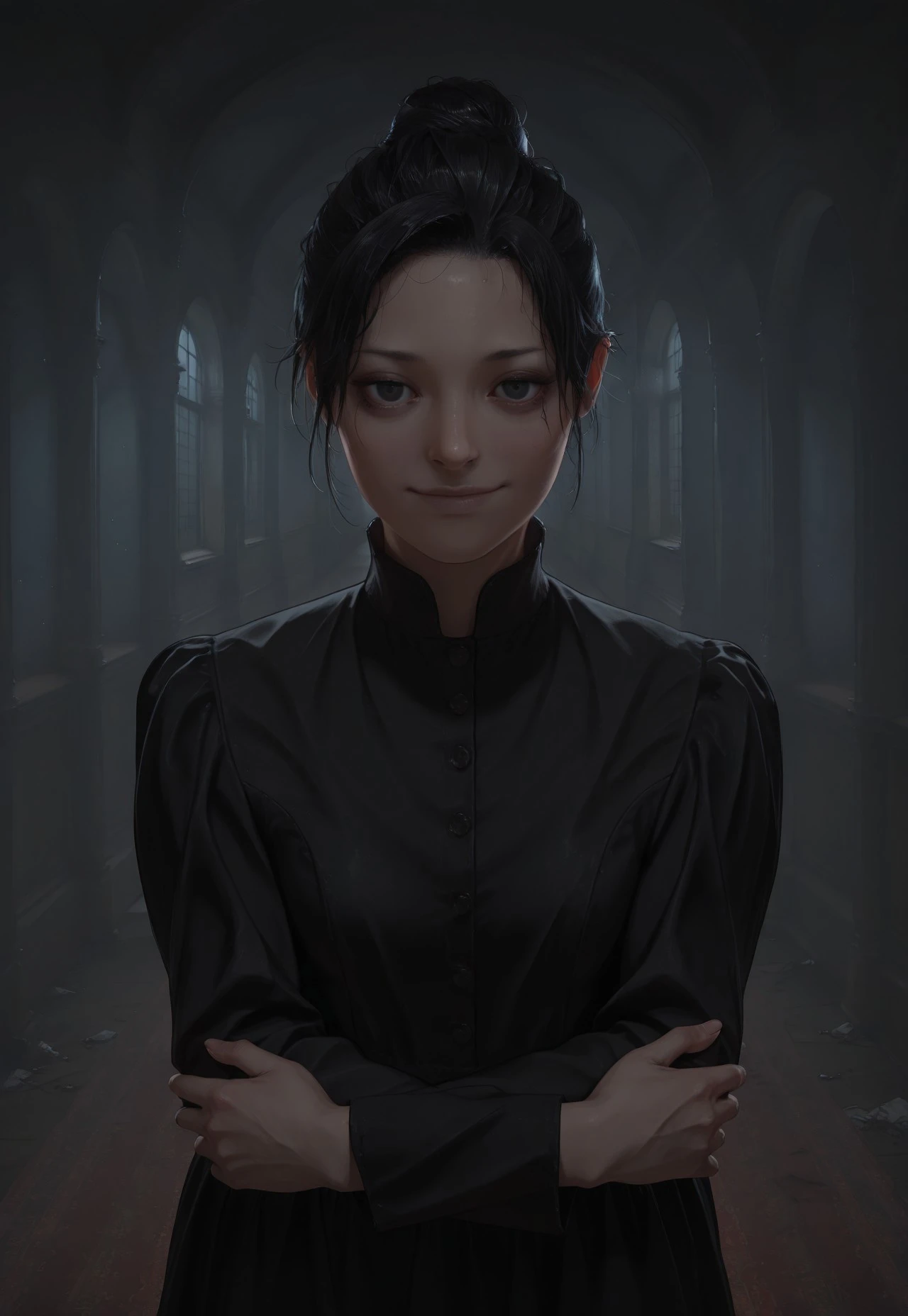 masterpiece, best quality, BREAK, dynamic angle, 1girl, donnare8, solo, black hair, hair bun, black dress, arms crossed, light smile, mansion hallway, abandoned, horror, dark lighting, detailed scenery