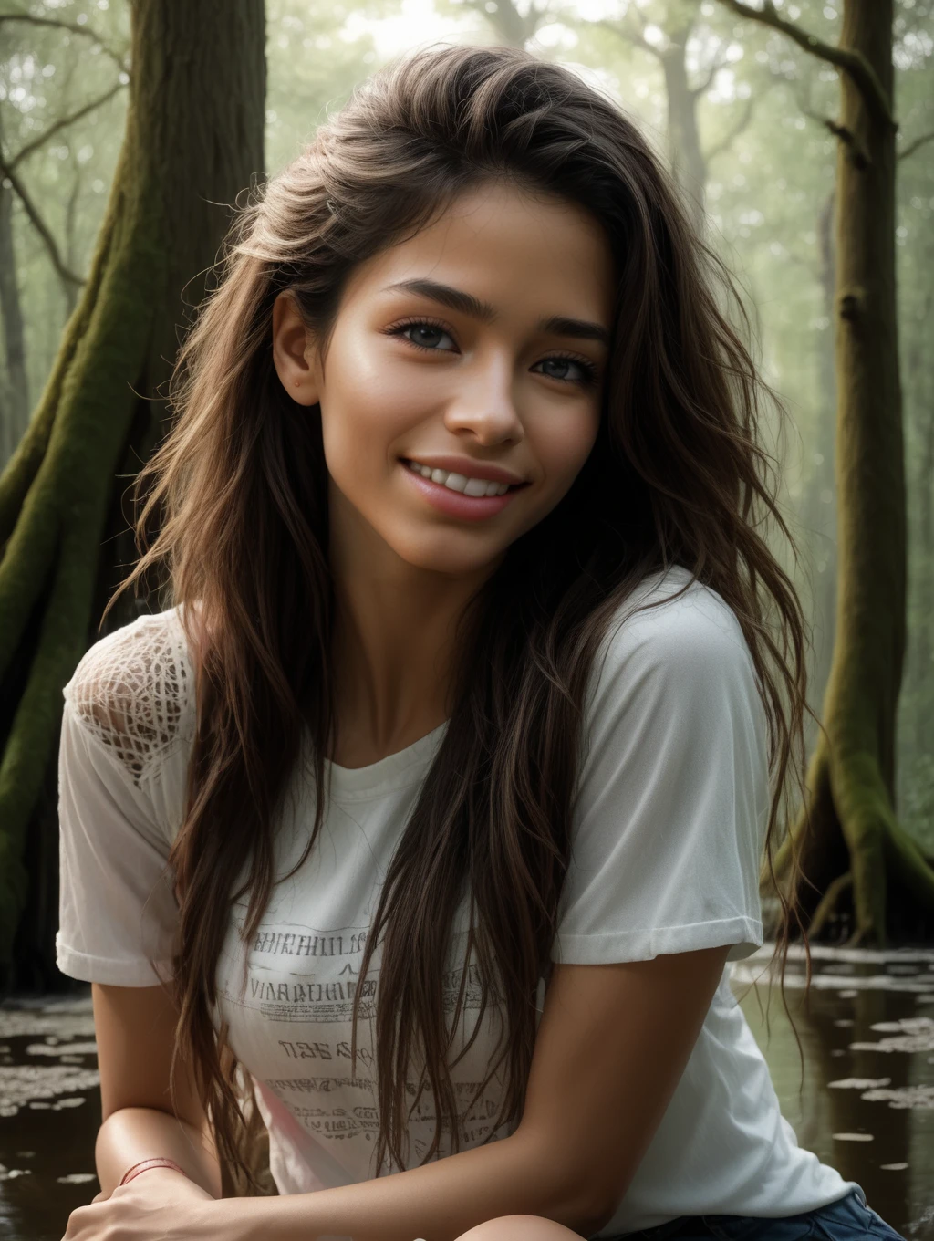 masterpice, award winning, film grain, (photorealistic:1.2), 16k, UHD, best quality, ultra highres, hyperrealistic, rim light, (sharp focus, intricate, highly detailed),
(Dutch Angle:1.2),
(full body:1.2),
nsfw,
A beautiful 21 year old girl kneeling in a wild forest, high ferns, oak trees, river,
slim, slender, small breasts, no panties,
skirt lift, knee lift,
aroused, smiling,
long dark disheveled tangled hair, messy hair,
wearing jeans thong pants and a lose fitting revealing t-shirt, (fishnet thigh-highs with a lace top:1.2), white and pink sneakers,
looking at viewer, eyes open,
lips parted,
cleavage,
candelarkn,
<lora:RKN_CandelaXL:1>,
smirking,
<lora:0m1n0us_sw4mp:0.6>
