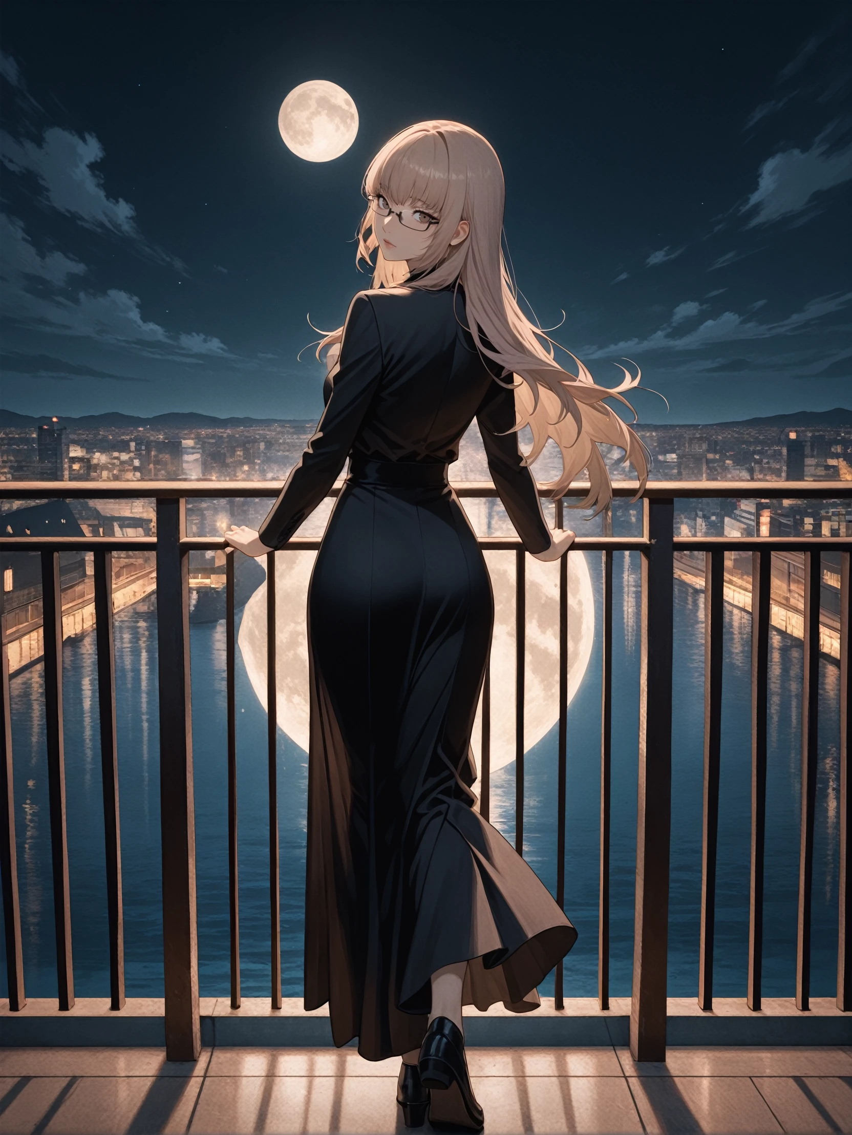 masterpiece, best quality, high resolution, very aesthetic, absurdres, newest, professional, high-quality, detailed eyes,
<lora:ILCKatherine:1.0>
CKatherine, 1girl, long hair, brown hair, brown eyes, glasses, looking at viewer, from behind, night sky, railing, full body, looking back, moon