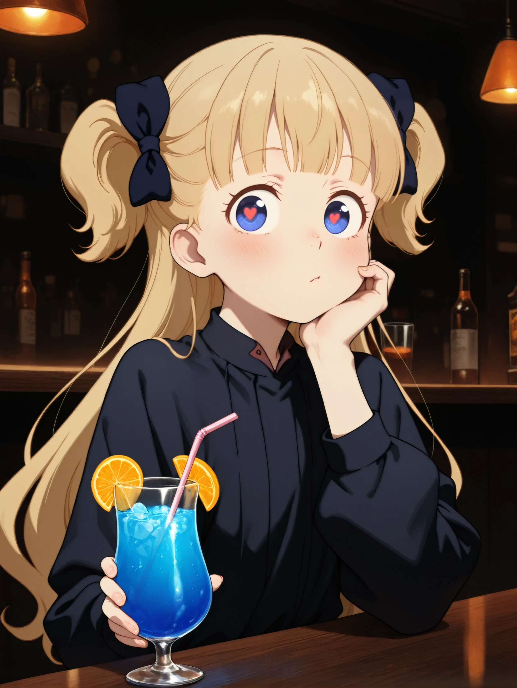 masterpiece, best quality, amazing quality, very aesthetic, absurdres, newest,
<lora:ILAEmilico:1.0>
AEmilico, 1girl, blonde hair, blue eyes, hair bow, blunt bangs, two side up, long hair, looking at viewer, A dimly lit nightclub pulsing with techno beats, sipping a neon-blue drink at the bar, her cybernetic eyes scanning the room.