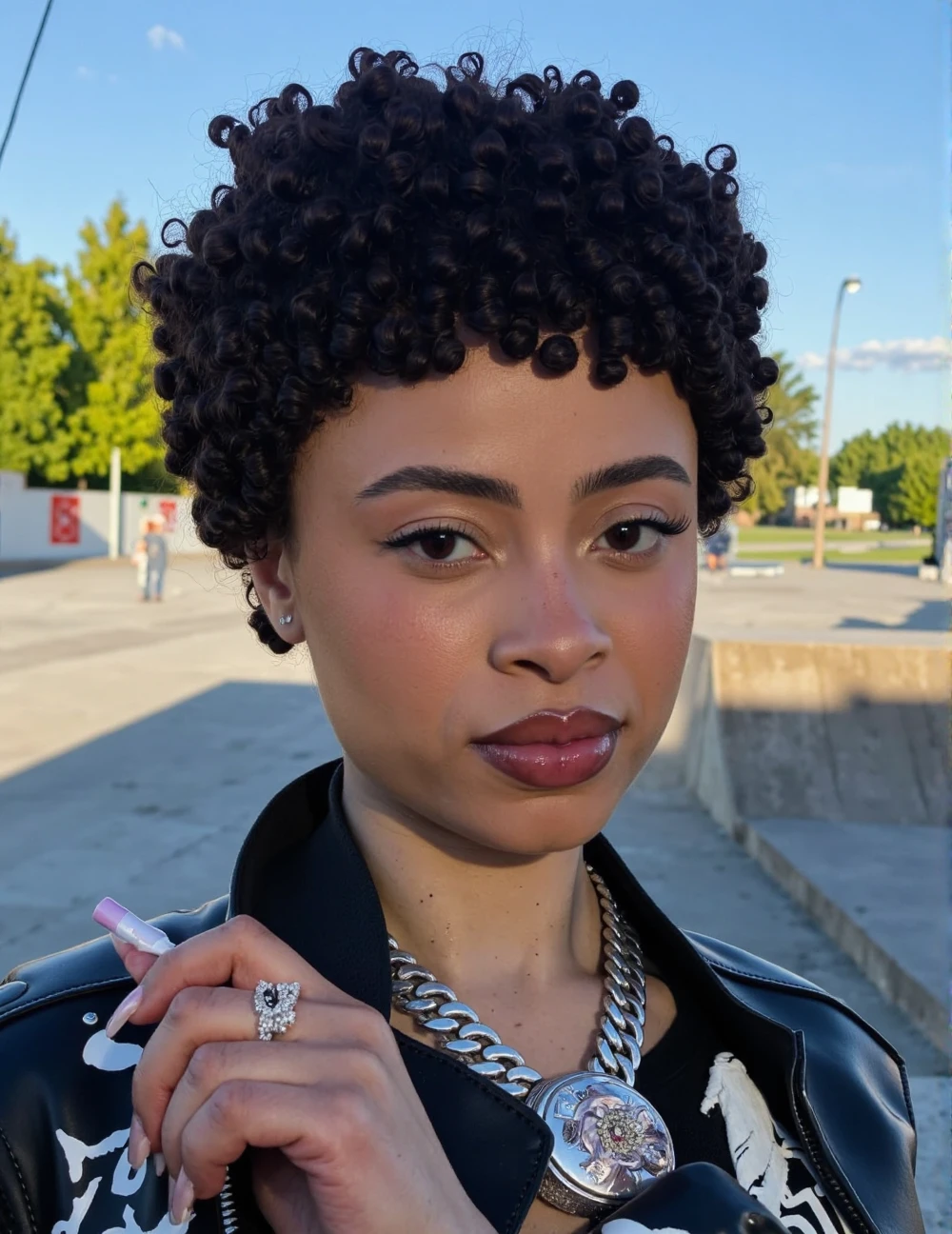 close-up headshot portrait shot on Fujifilm XT-50 of icespice, light-skinned black woman standing at a skate park dressed in goth grunge skater clothes <lora:SkinDetails_flux_lora_v8:.55> <lora:flux_realism_lora:.75> <lora:Hand v2:1> the woman has plump lips with shiny dark mauve lipgloss and lip-liner, the woman has a seductive look on her face, young adult black woman in her early 20's, facing the viewer straight on and making eye contact with the viewer, the woman has smooth skin and no wrinkles on her face, the woman has BLACK hair, dark-skinned woman, light makeup, minimal basic makeup <lora:icespice:1> curly fluffy afro hair, dark eye-liner, dark eye makeup and dark lipstick