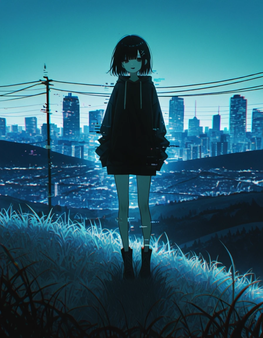 1girl,looking at viewer,full body shot,sleeves,full body,:d,glitch art,glitching,glitch,scanlines,monochrome,outdoors,power lines,wide shot,reddish sky,grass,hill,expressionless,x hair ornament,city lights in background,city in background,skyscraper in background,skyline,stylish,dark theme,