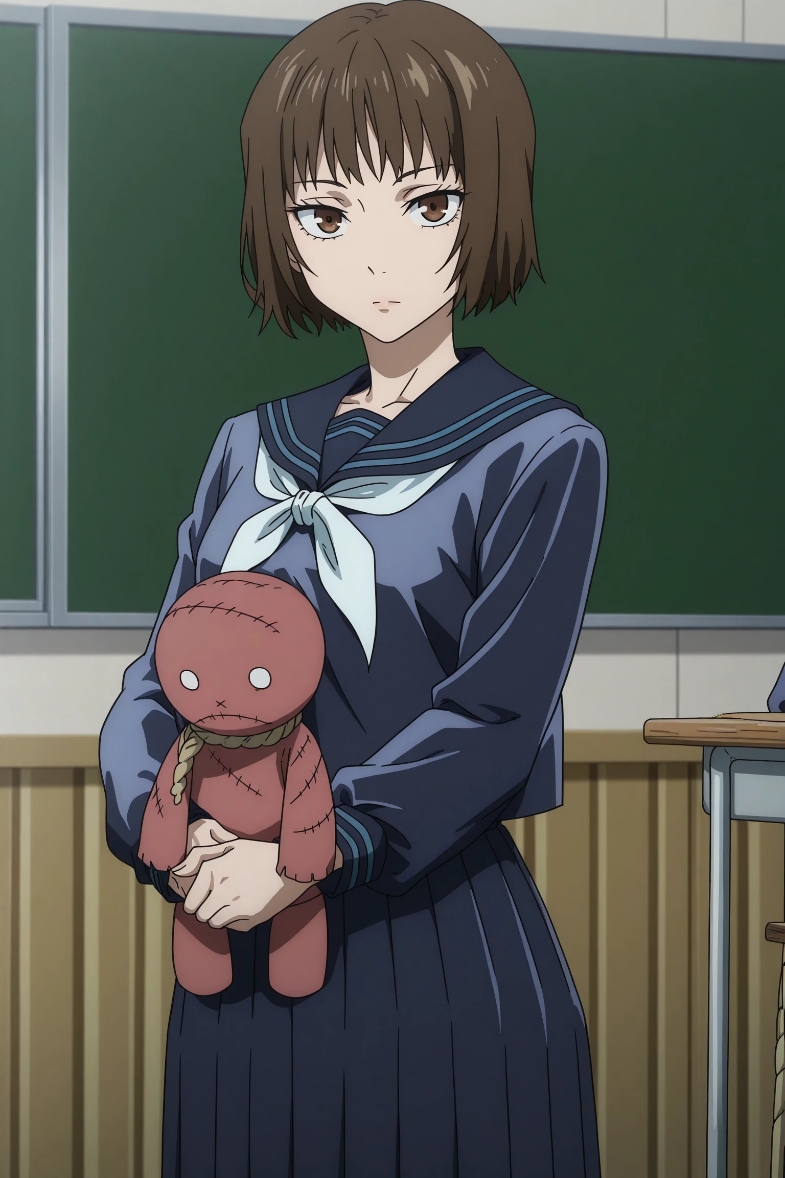 1girl, solo, indoors, classroom, day, hasaba mimiko, short hair, brown hair, choppy bangs, brown eyes, serafuku, long sleeves, blue shirt, blue sailor collar, white neckerchief, blue skirt, pleated skirt, medium skirt, grey socks, kneehighs, loafers, <lora:Mimiko_Hasaba_ILXL:1>, (cowboy shot:1.5), expressionless, looking at viewer, (anime screencap:1.5), (anime coloring:1.5), hugging doll, tsurime, rope