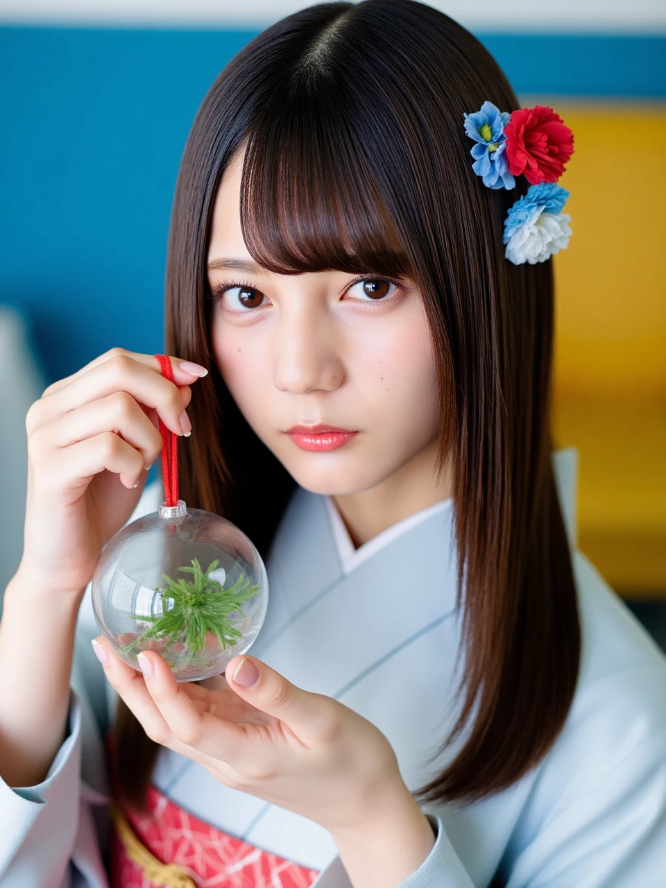 The image is a close-up portrait of a young Asian woman named kosakana with long hair and bangs. She is wearing a traditional Japanese kimono with a red and blue flower in her hair. Her figure is very slim, with snow-white skin. The woman is holding a small glass ornament with a green plant inside it. The ornament is hanging from a red string. The background is blurred, but it appears to be a room with a blue wall and a yellow chair. The overall mood of the image is peaceful and serene.