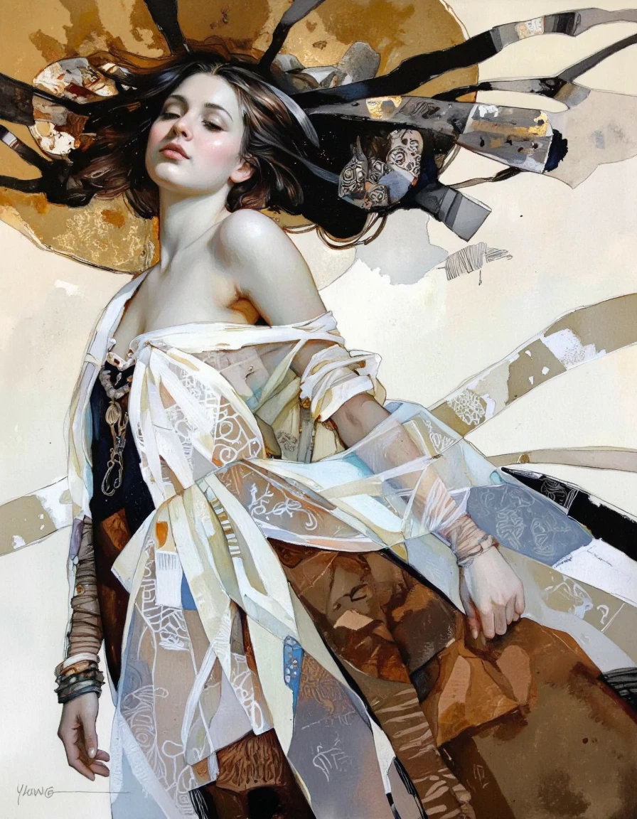 By Donna Young. A digital artwork created in a mixed media style, blending elements of watercolor and ink. The image features a female figure with flowing, ethereal hair and a serene, almost melancholic expression. She is depicted in a dynamic, almost windblown pose, with her head tilted back and eyes closed. Her hair and garments are rendered in a delicate, fluid manner, with intricate patterns and textures that suggest movement and motion.
The figure is draped in a flowing, translucent white garment that billows around her body, adding to the sense of motion and fluidity. Below this, she wears a darker, more textured garment that appears to be made of fabric or possibly leather, with a rich, earthy brown hue that contrasts with the lighter tones above. The texture of this lower garment is rough and rugged, suggesting a more grounded, earthy quality.
The background is a swirling, abstract mix of golden and brown hues, with splashes of black ink that add depth and contrast. The overall composition is rich in texture and movement, creating a sense of dynamic energy and emotional depth.